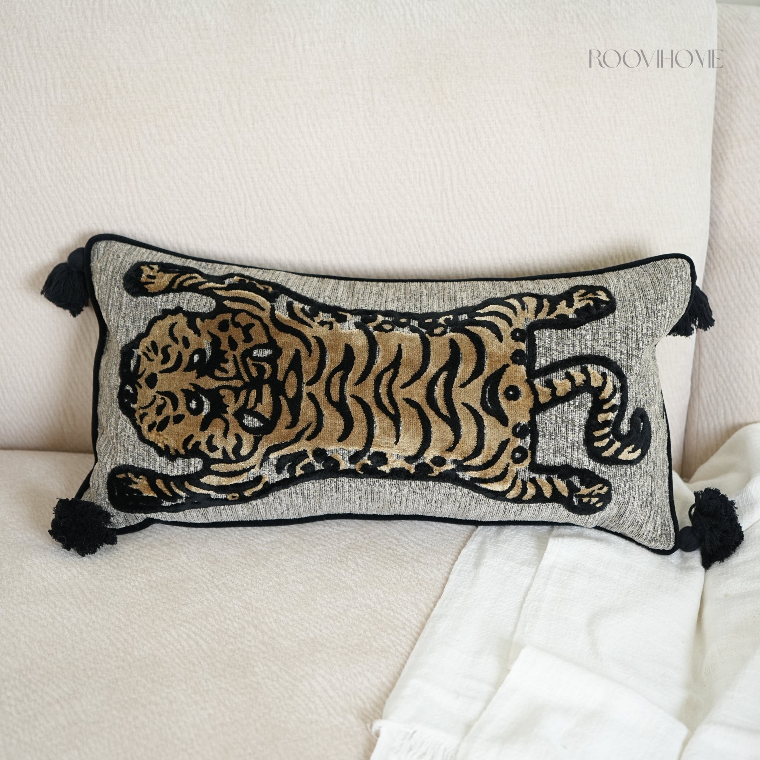 Wild Mood Tiger Velvet Lumbar Cushion with Tassels
