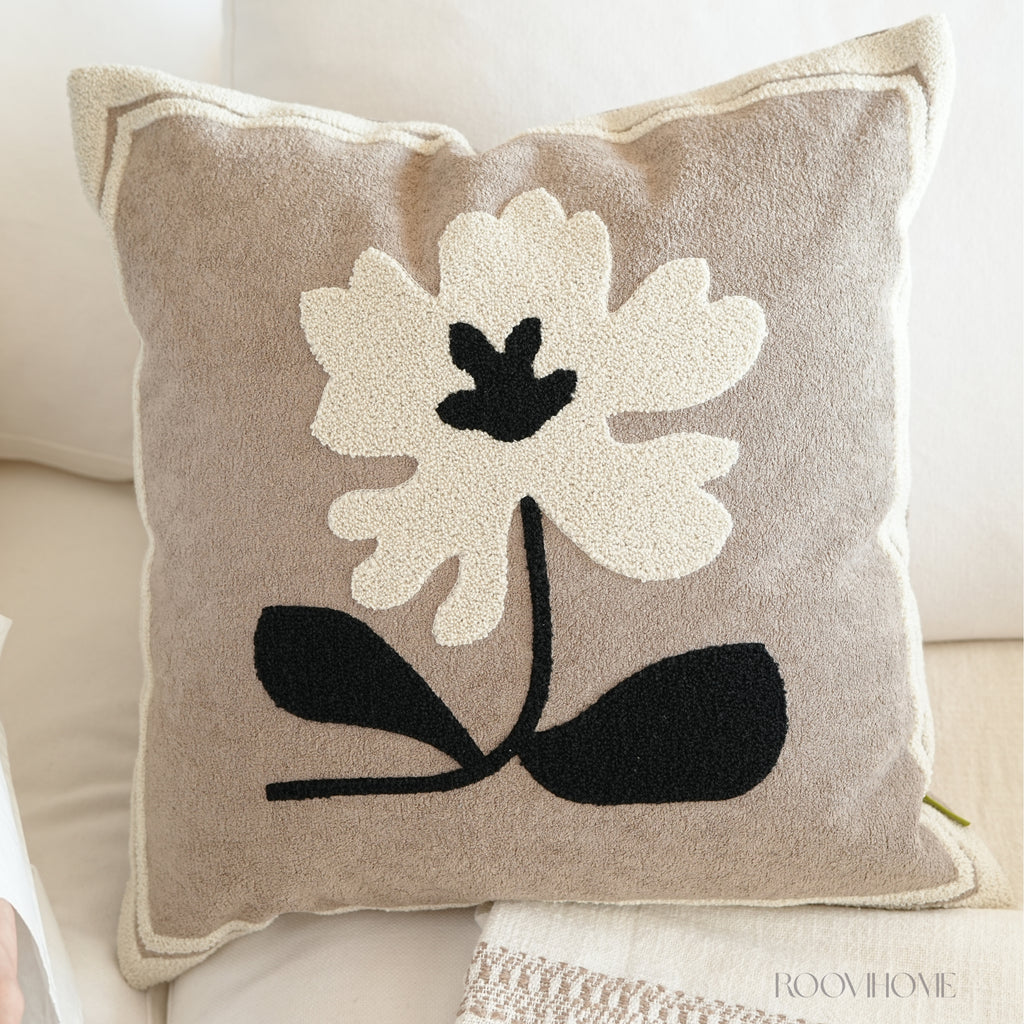 Muted Canvas Retro Floral & Vase Embroidery Cushions 50x50cm