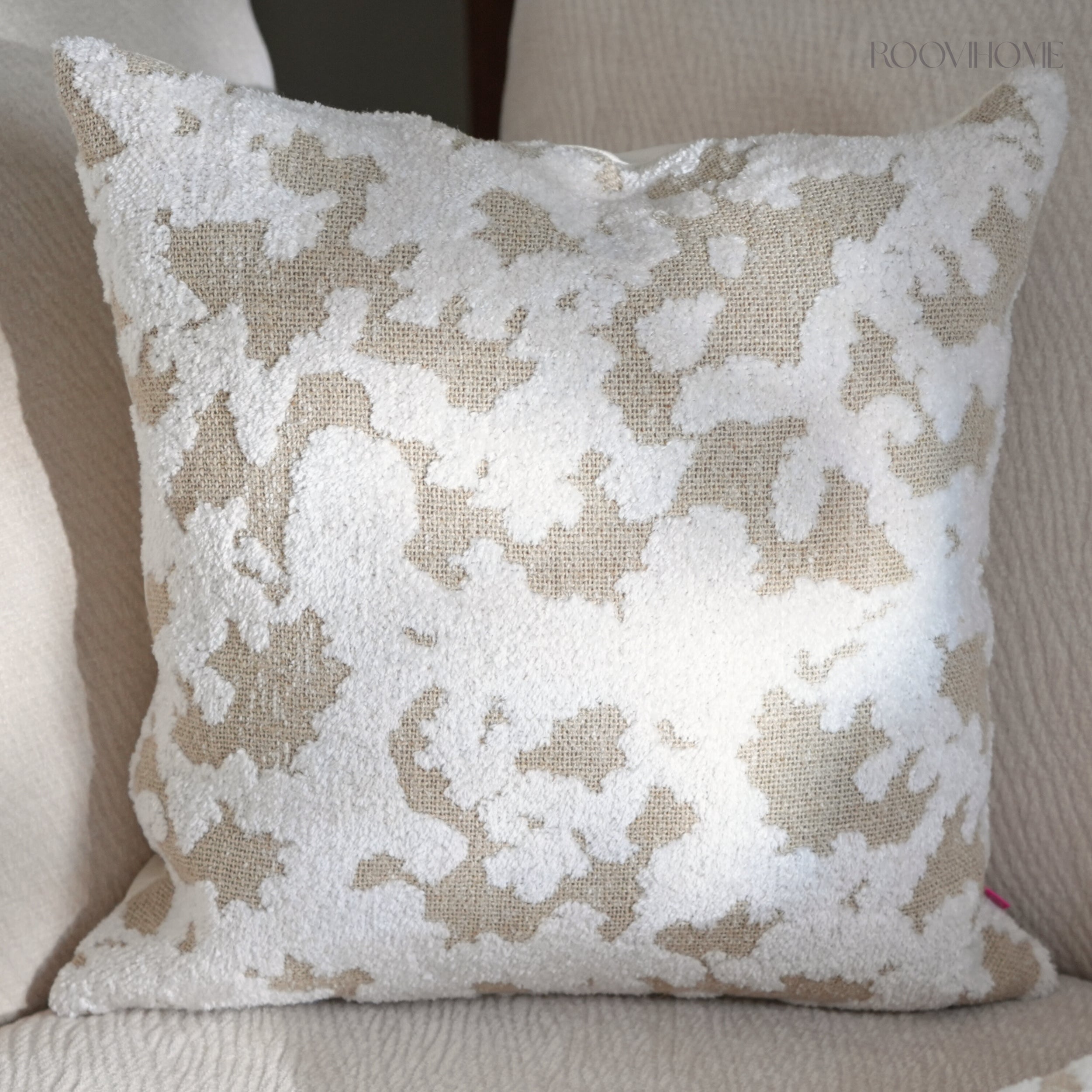 Wabi-Sabi & Japandi Style Throw Pillow / Lumbar Pillow / Cushion Cover, 3D Raised Jacquard Texture, Beige Cream Brown Tones, Rich Texture, Elegant Tassel Detail | RooviHome Wabi Weave Collection