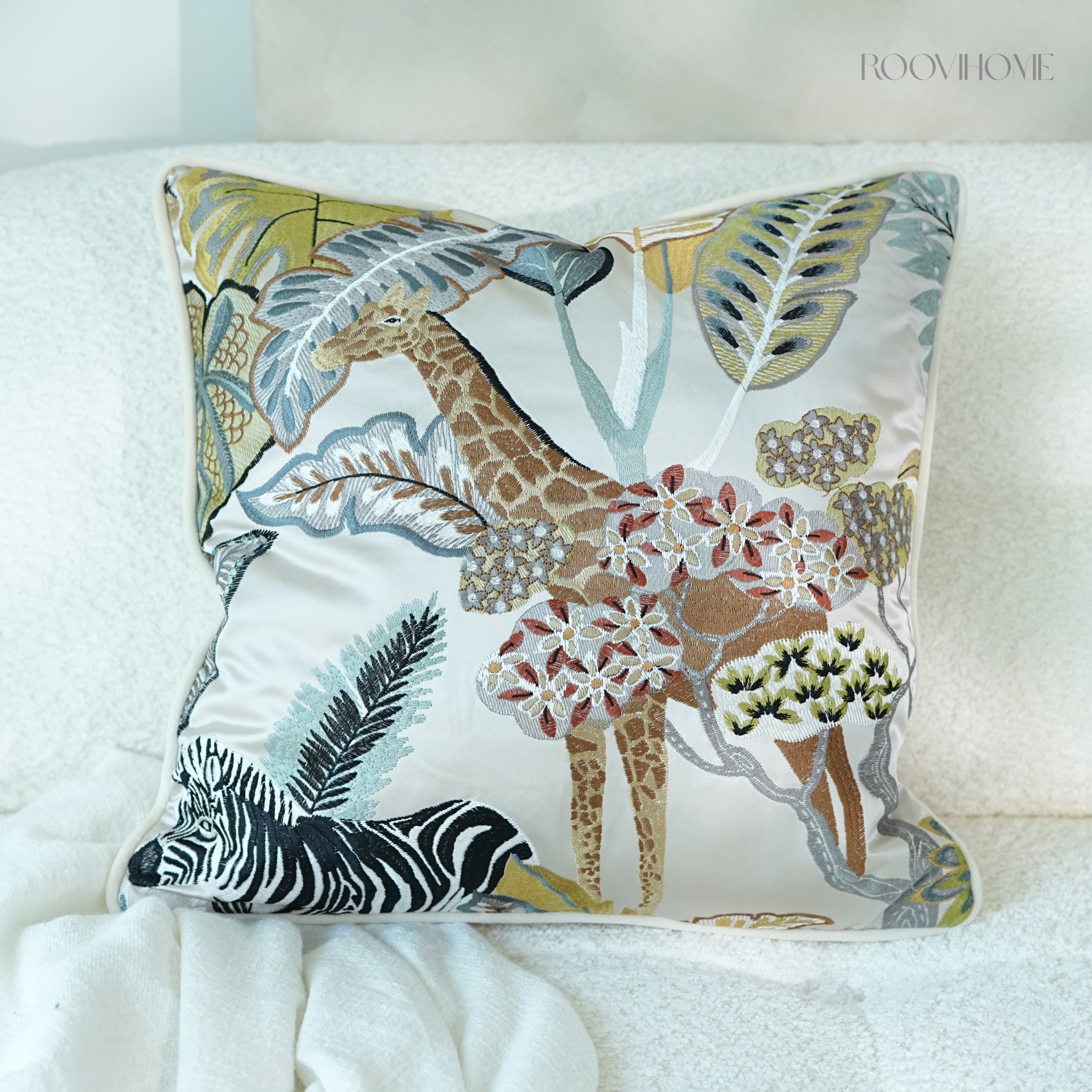 Jungle Wild Zebra & Giraffe Embroidery Cushions