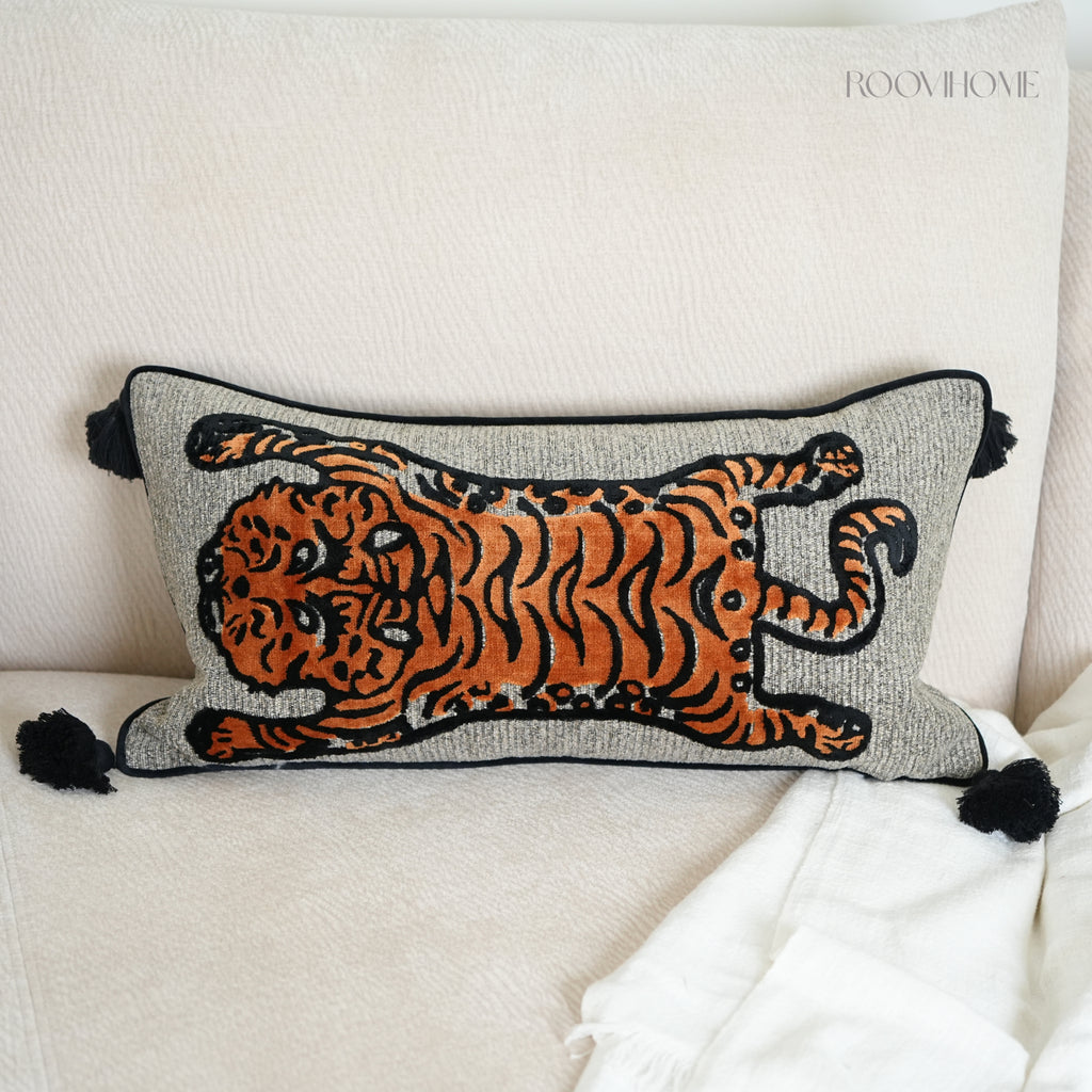 Wild Mood Tiger Velvet Lumbar Cushion with Tassels