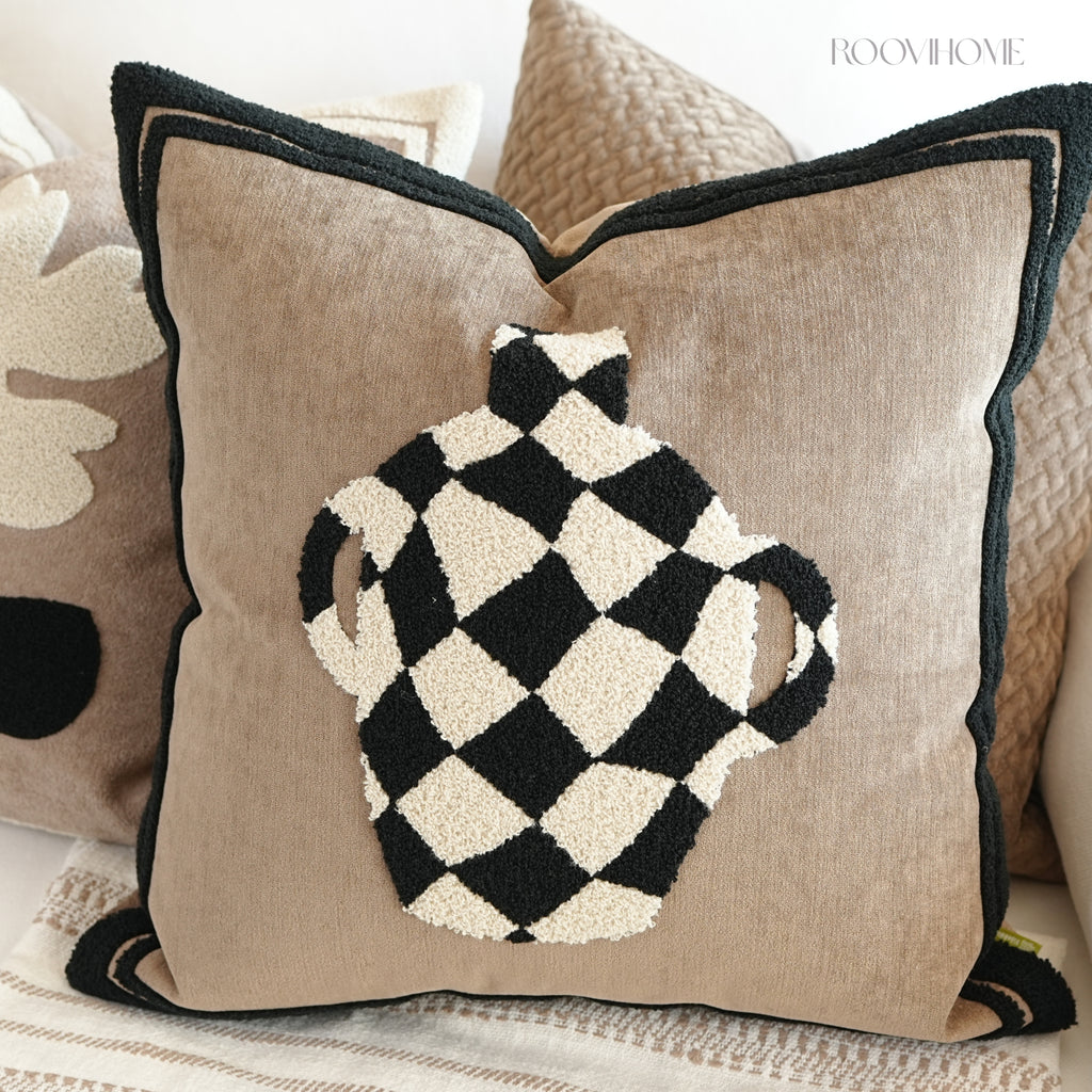 Muted Canvas Retro Floral & Vase Embroidery Cushions 50x50cm