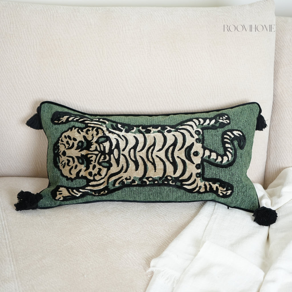 Wild Mood Tiger Velvet Lumbar Cushion with Tassels