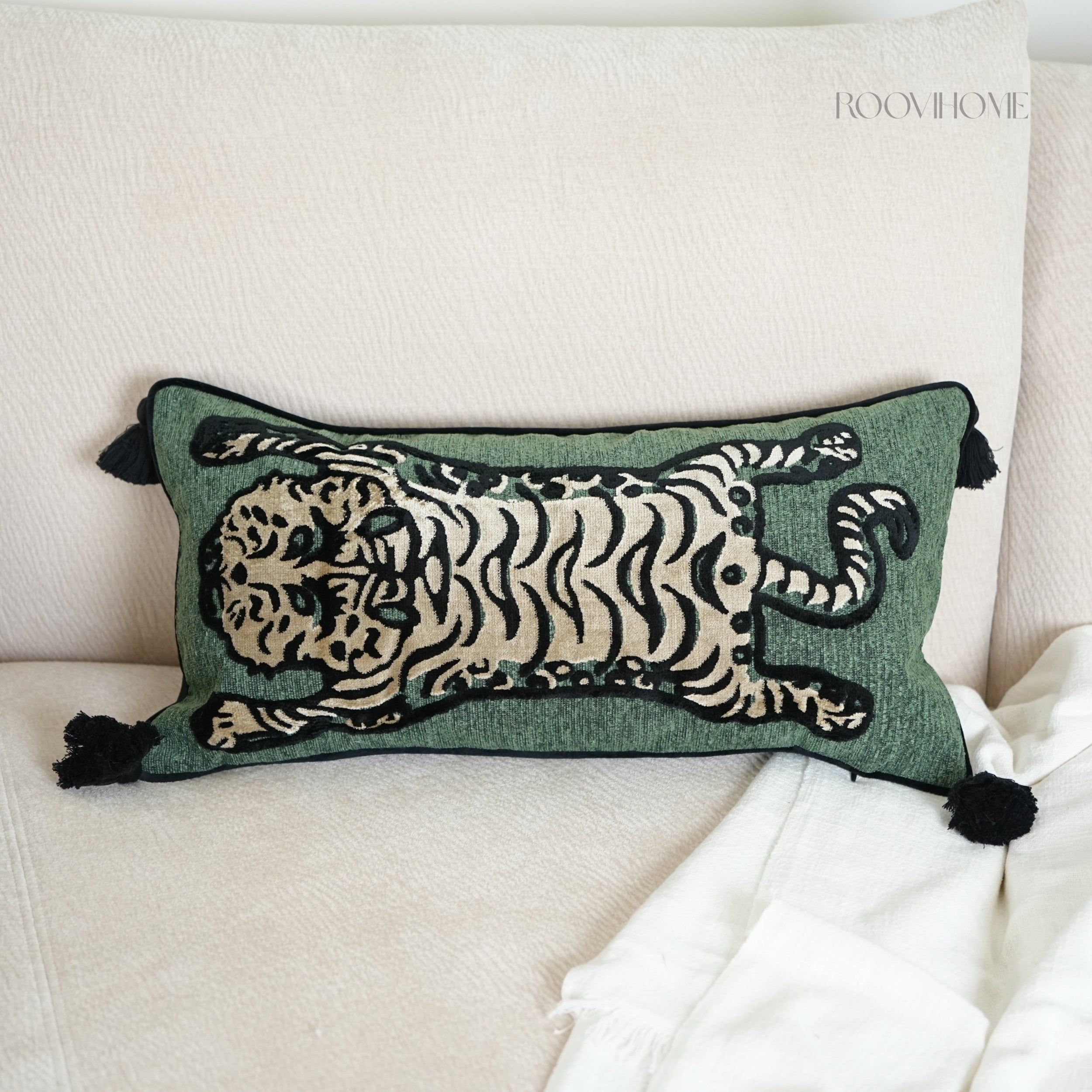 Wild Mood Tiger Velvet Lumbar Cushion with Tassels