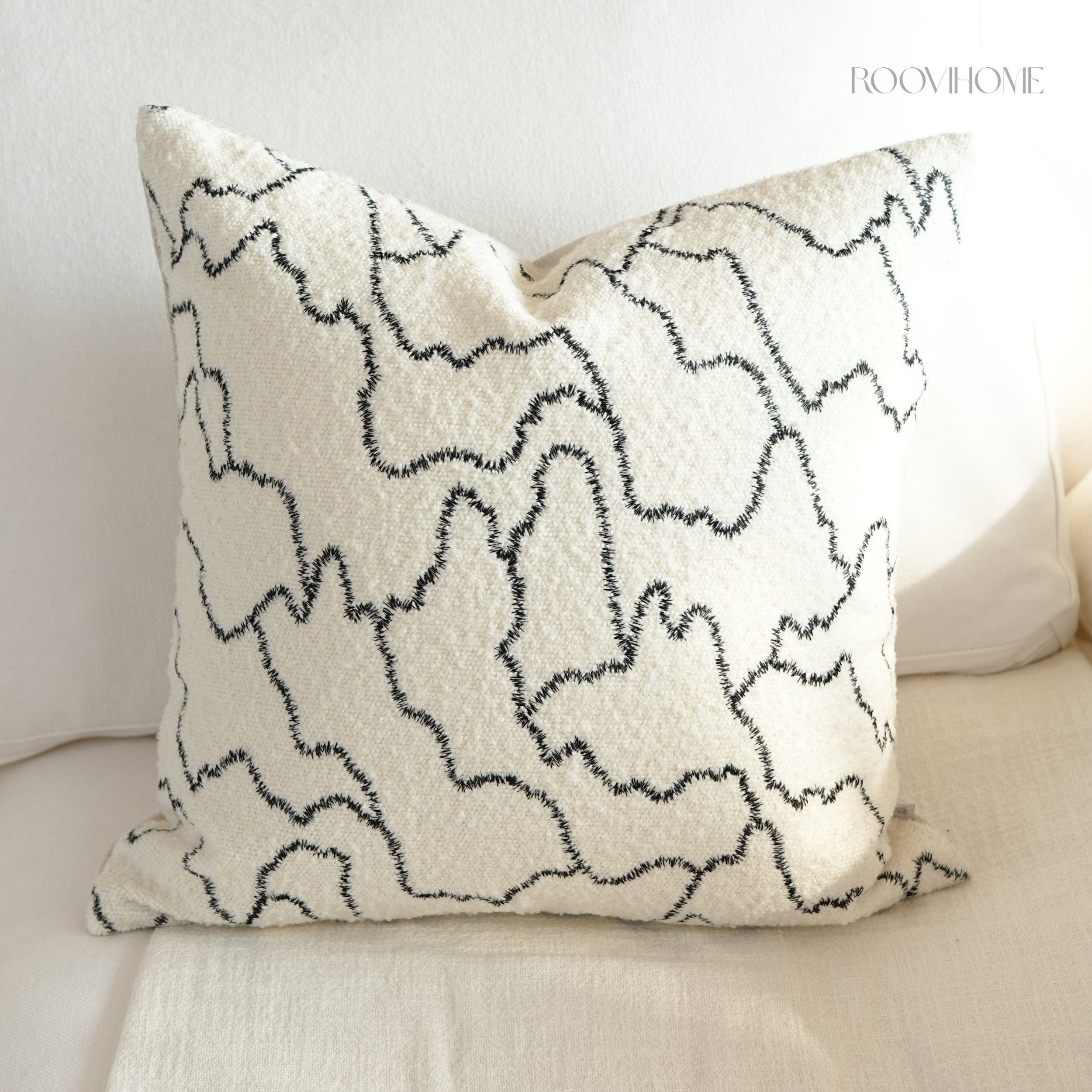 Cloud Trace Abstract Embroidered Lines Bouclé Decorative Cushion