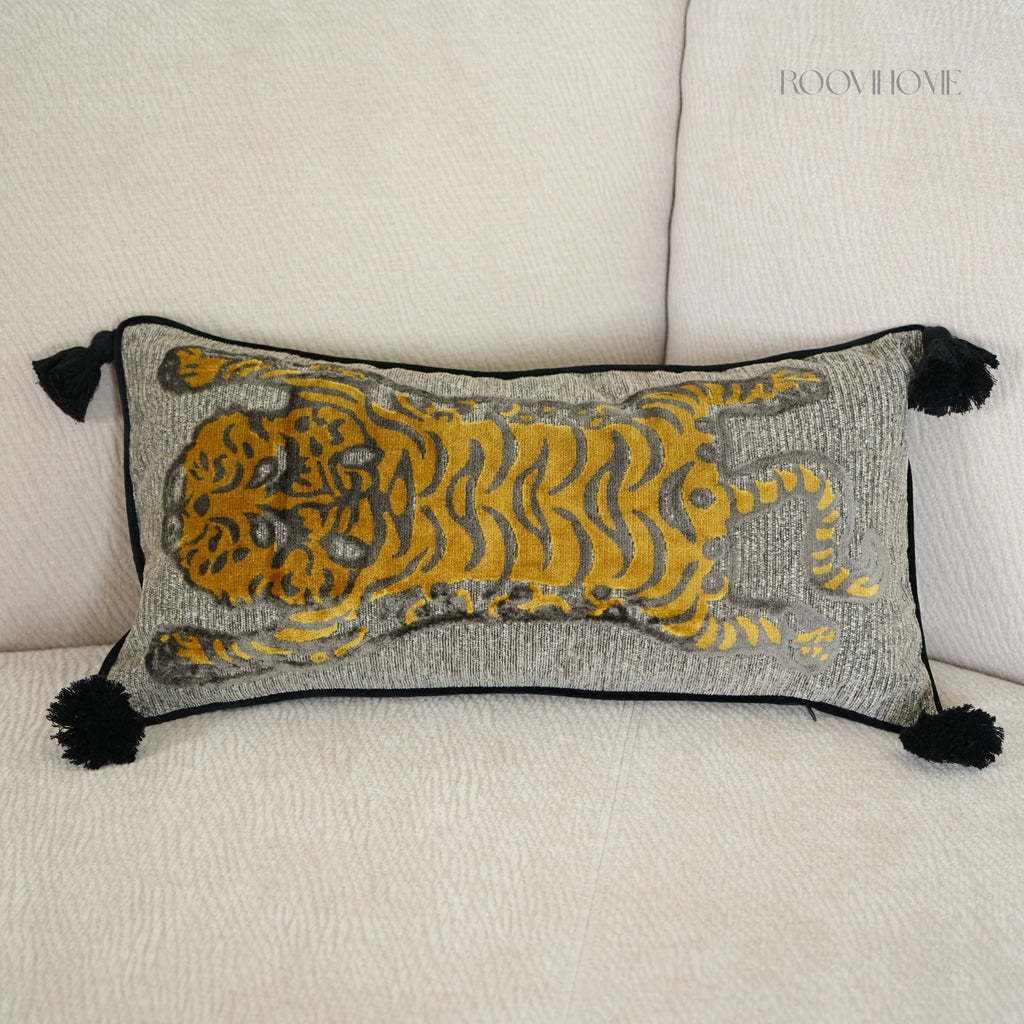 Wild Mood Tiger Velvet Lumbar Cushion with Tassels