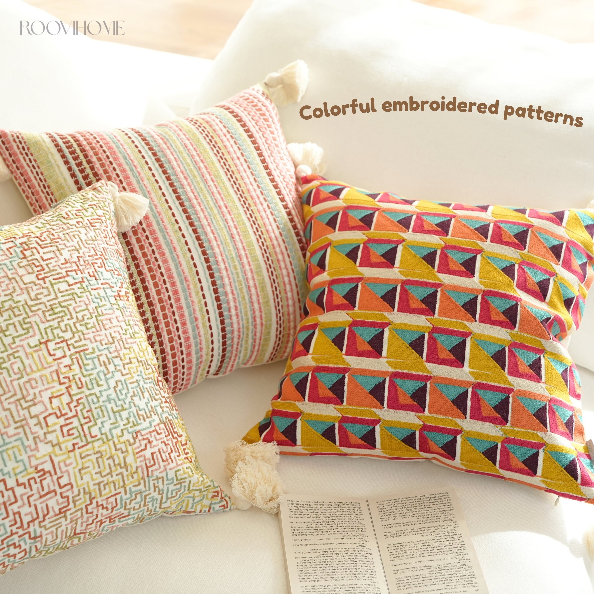 Boho Chic Embroidered Multicolor Geometric Cushions
