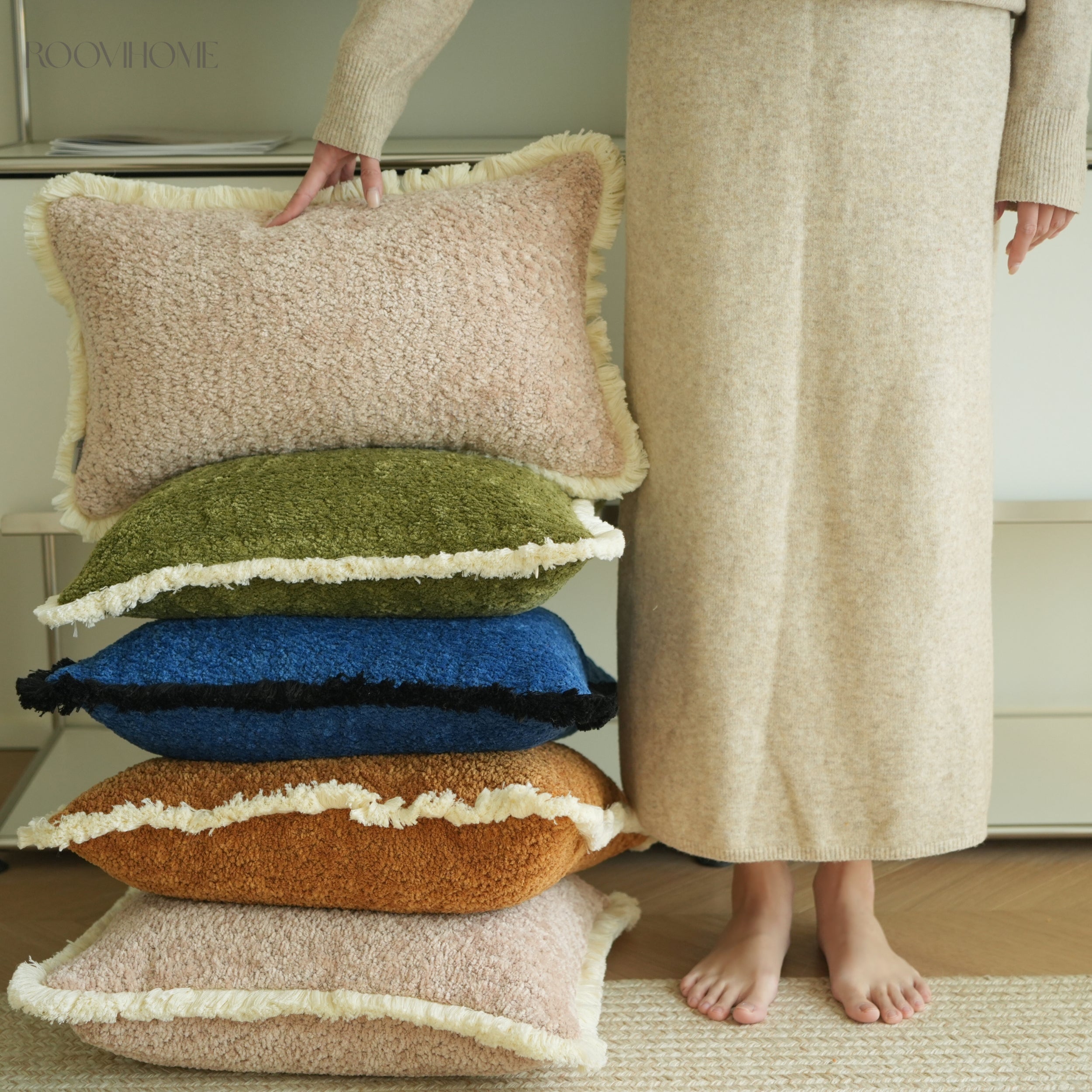 Fluffy Teddy Boucle Cushions with Fringes