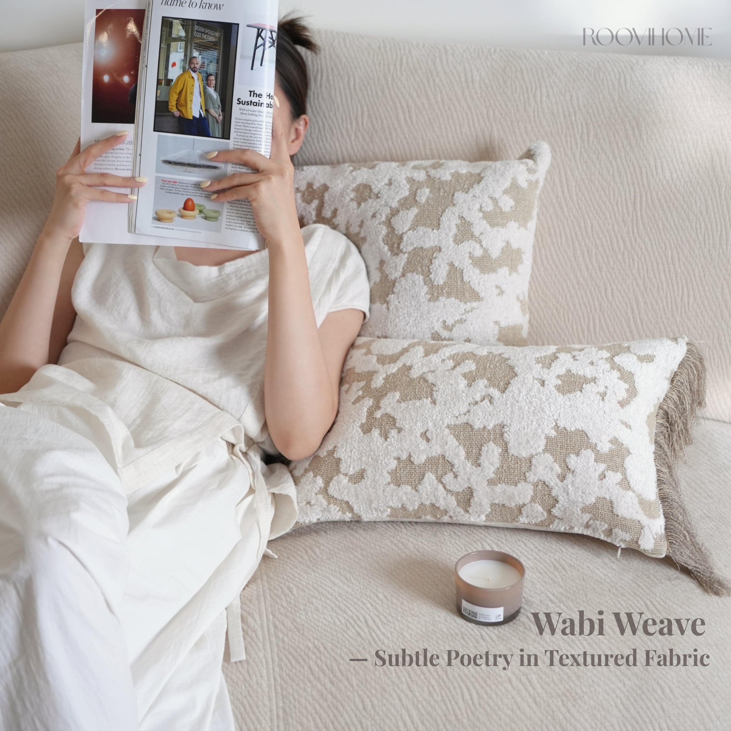 Wabi-Sabi & Japandi Style Throw Pillow / Lumbar Pillow / Cushion Cover, 3D Raised Jacquard Texture, Beige Cream Brown Tones, Rich Texture, Elegant Tassel Detail | RooviHome Wabi Weave Collection