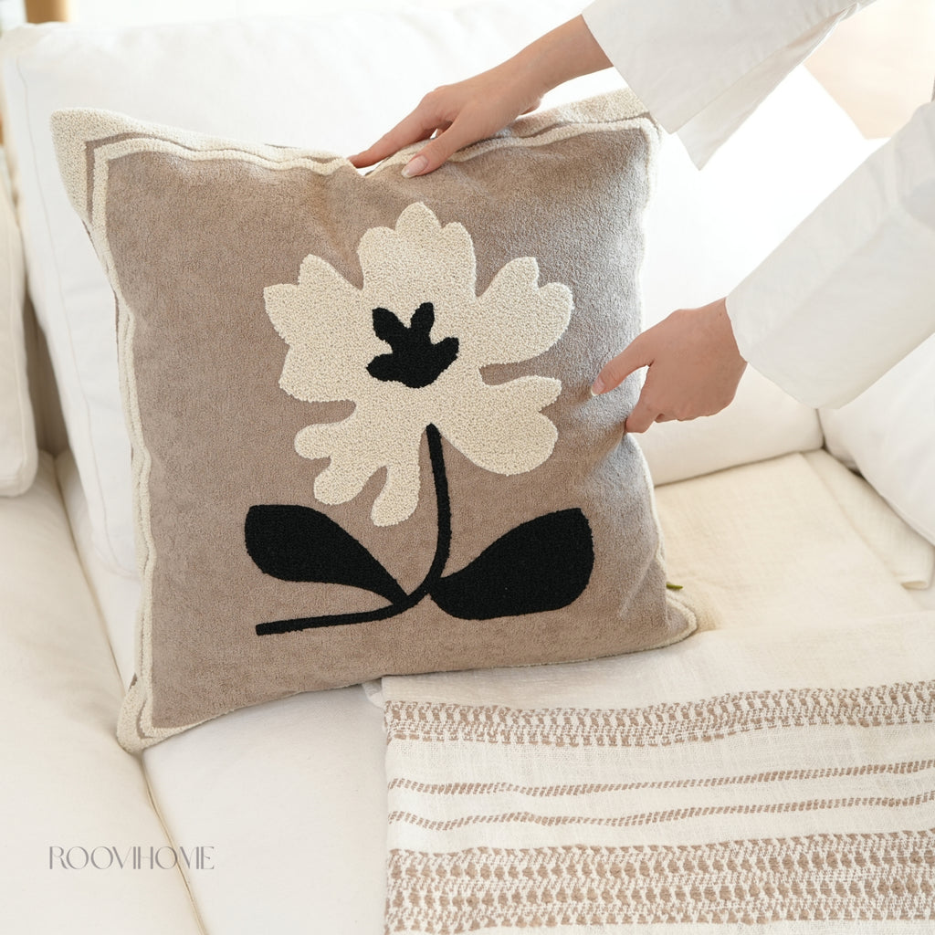 Muted Canvas Retro Floral & Vase Embroidery Cushions 50x50cm