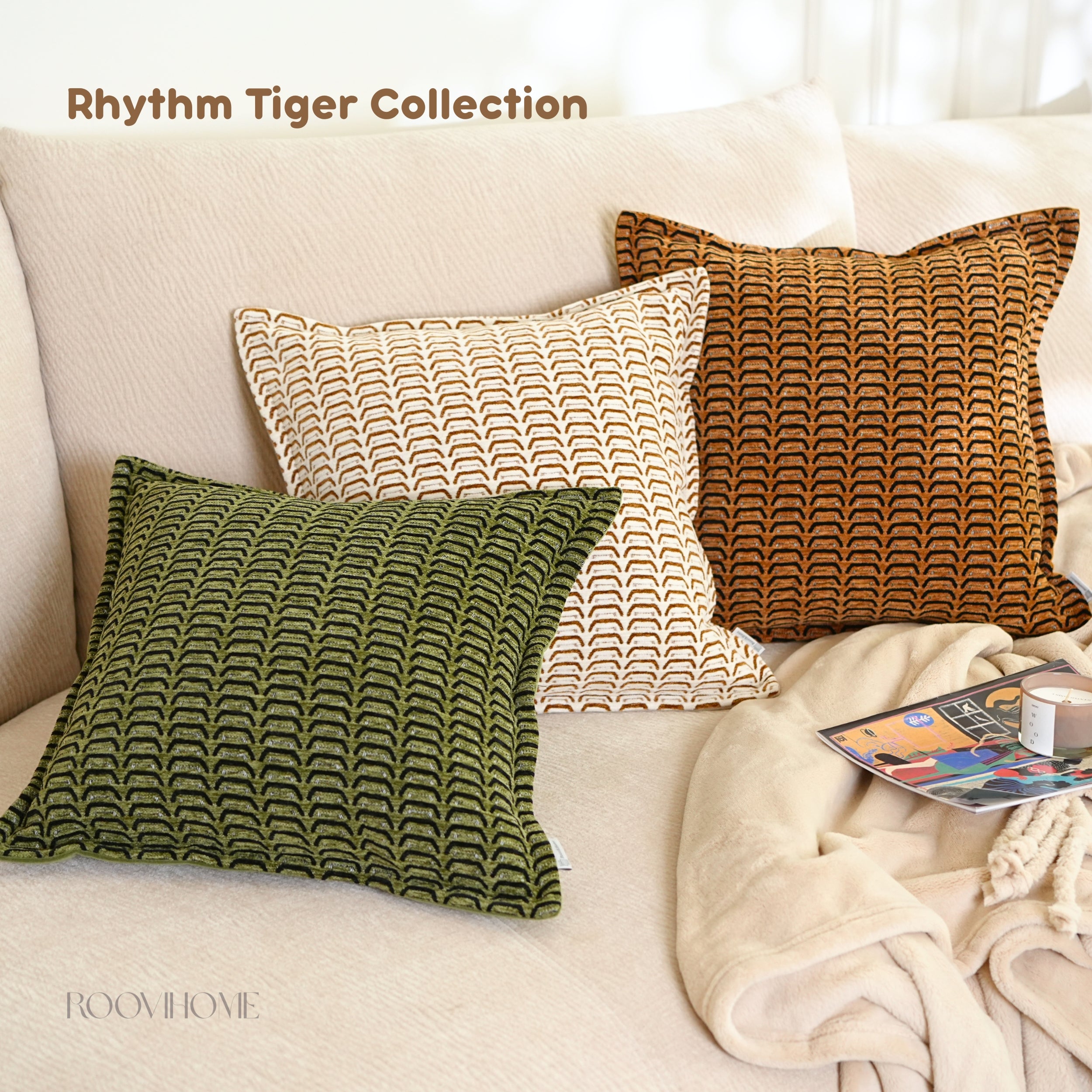 Tiger Pattern Inspired Textured Cushion Cover • Modern Vintage Sofa Pillow • Home Decor • Ready to Ship | RooviHome Rhythm Tiger Collection