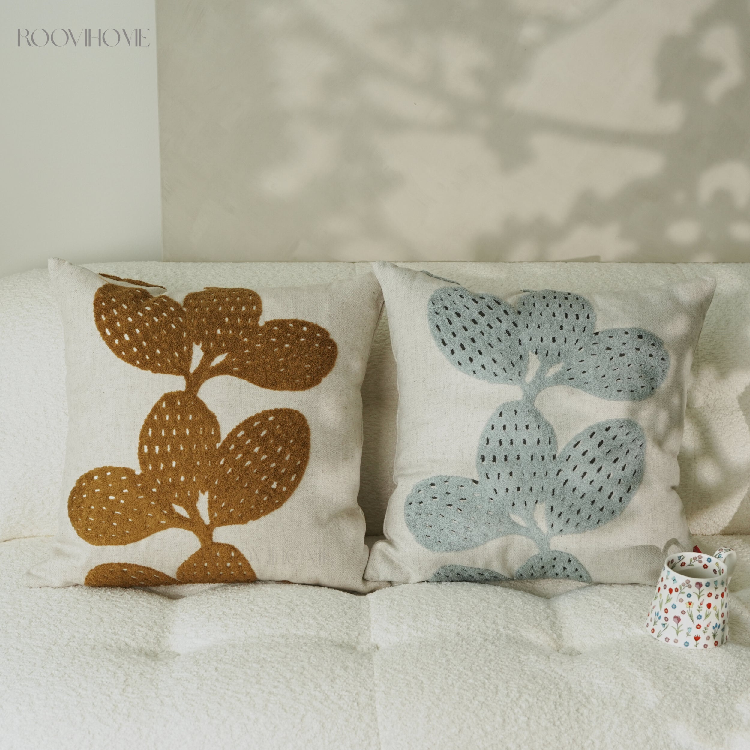 Cactus Embroidery Retro Botanical Throw Pillow