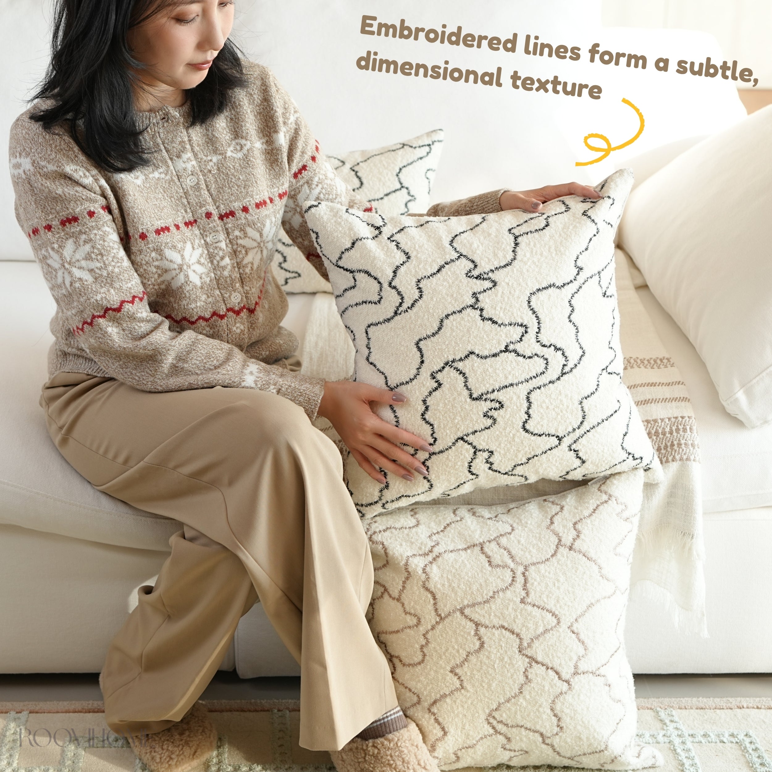 Cloud Trace Abstract Embroidered Lines Bouclé Decorative Cushion