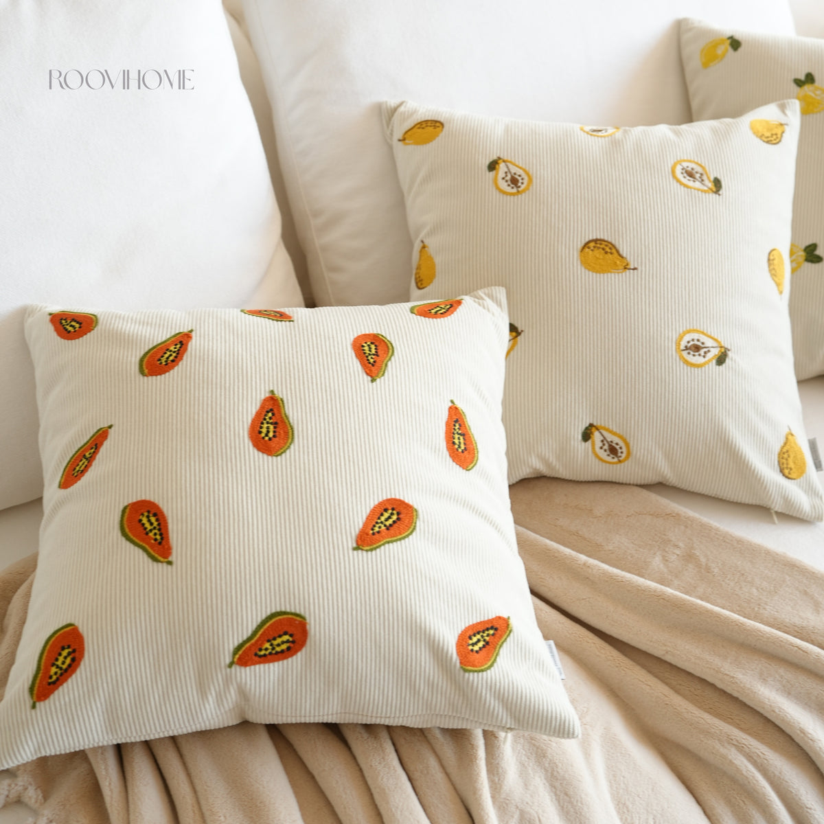 Embroidered Fruit Corduroy Cushion
