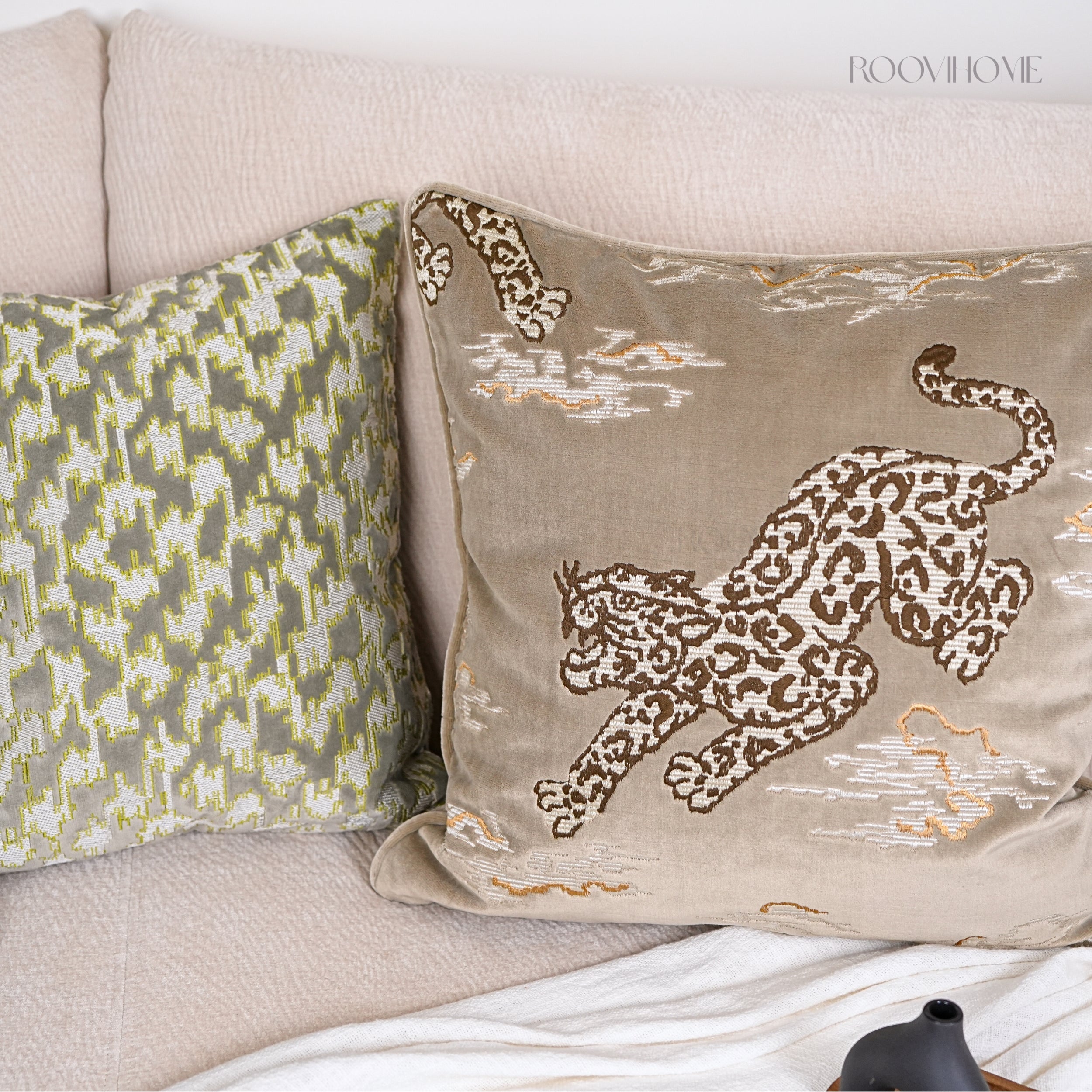 Premium Luxurious Embroidered Cushions Set • Retro Vintage Style • Tiger & Geometric Patterns • Earthy Tones • Home Decor | RooviHome Glamorous Vintage Series