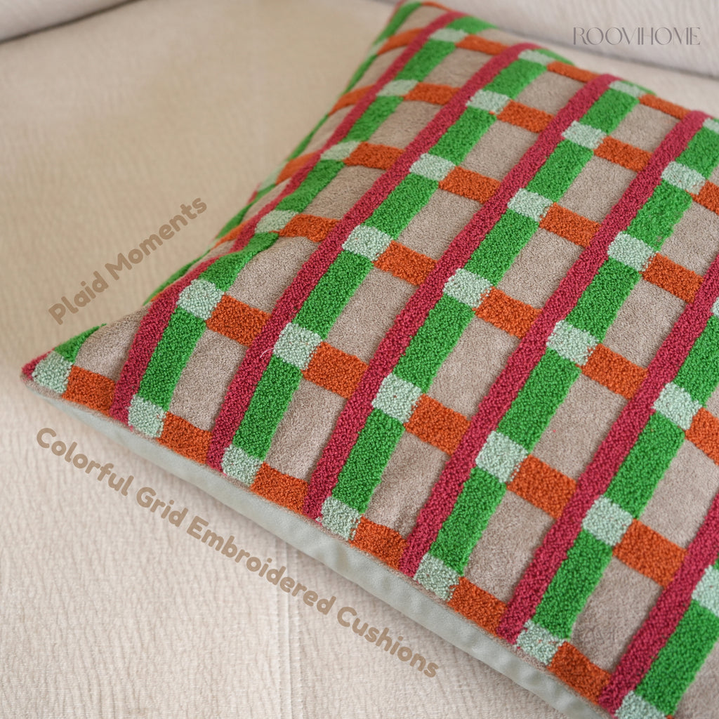 Plaid Moments 70s Modern Retro Checkered Towel Embroidered Cushions