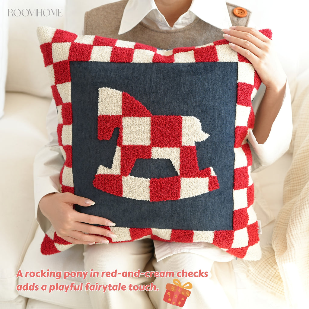 Embroidered Checkered Pony Throw Pillow / Cushion Cover • Modern Style • Decorative Cushion for Living Room • Home Decor | RooviHome Chessboard Pony Series