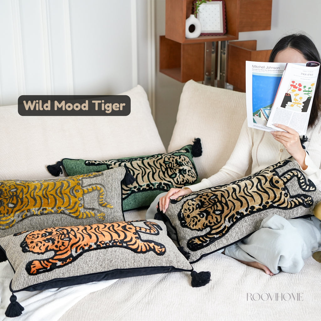 Wild Mood Tiger Velvet Lumbar Cushion with Tassels