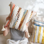 Moroccan Style Textured Cotton-Linen Blend Throw Pillow / Cushion Cover • Embroidery + Fringe • Retro Style • Sofa Cushion for Living Room • Soft & Comfortable Home Decor | RooviHome FlowLight Collection