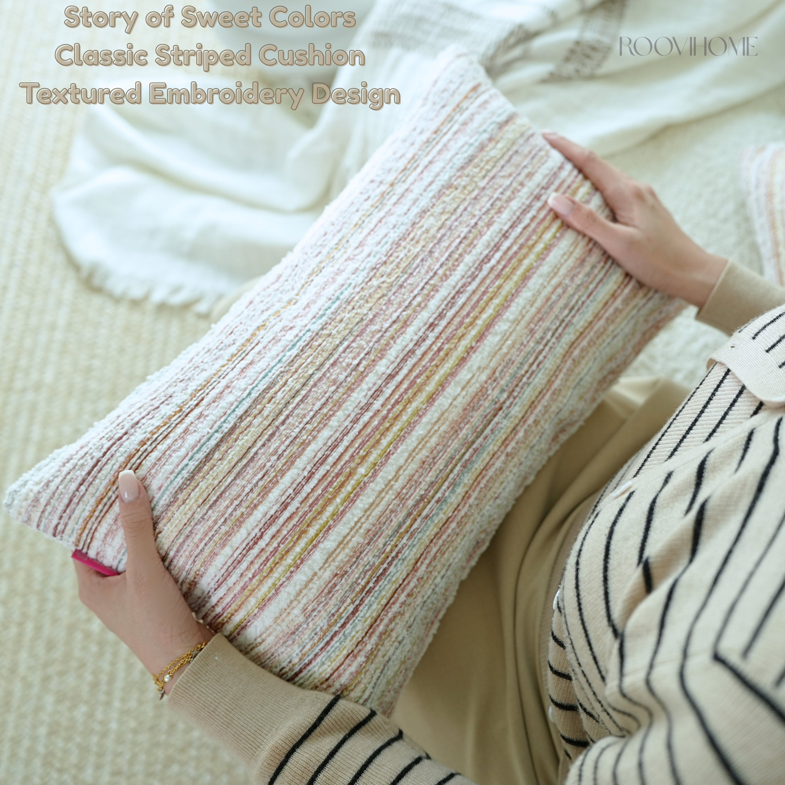 Cozy Pastel Embroidered Striped Cushions