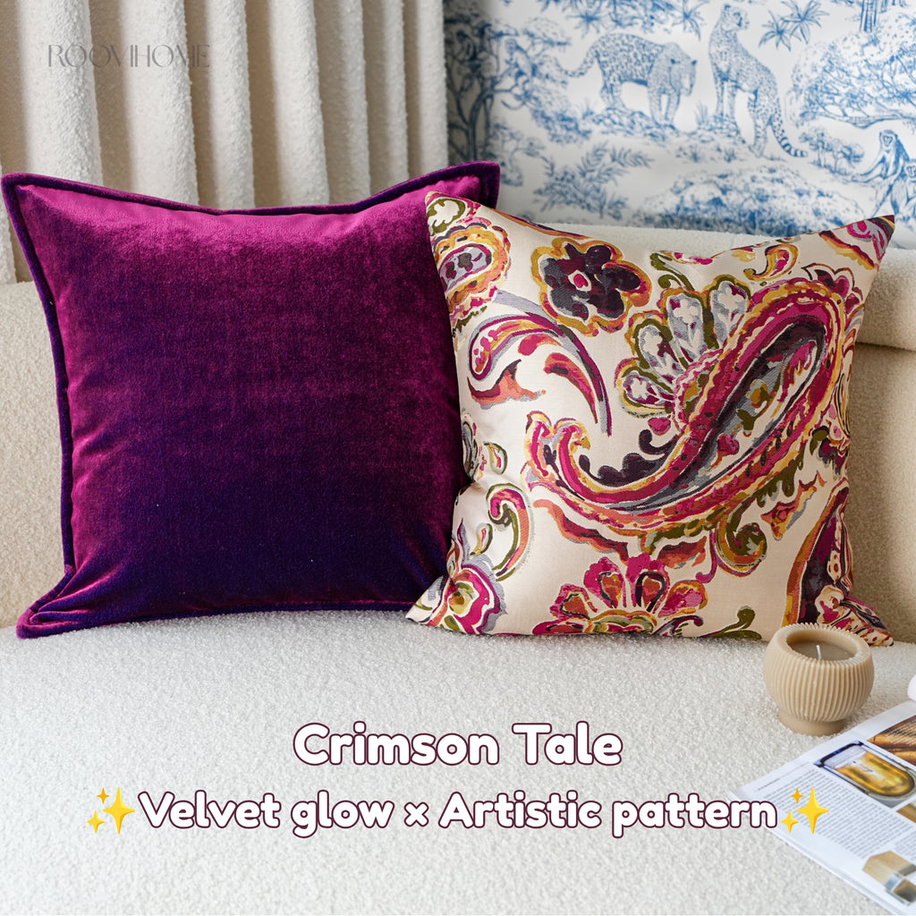 Crimson Tale Velvet Mix Artistic Pattern Cushions Set