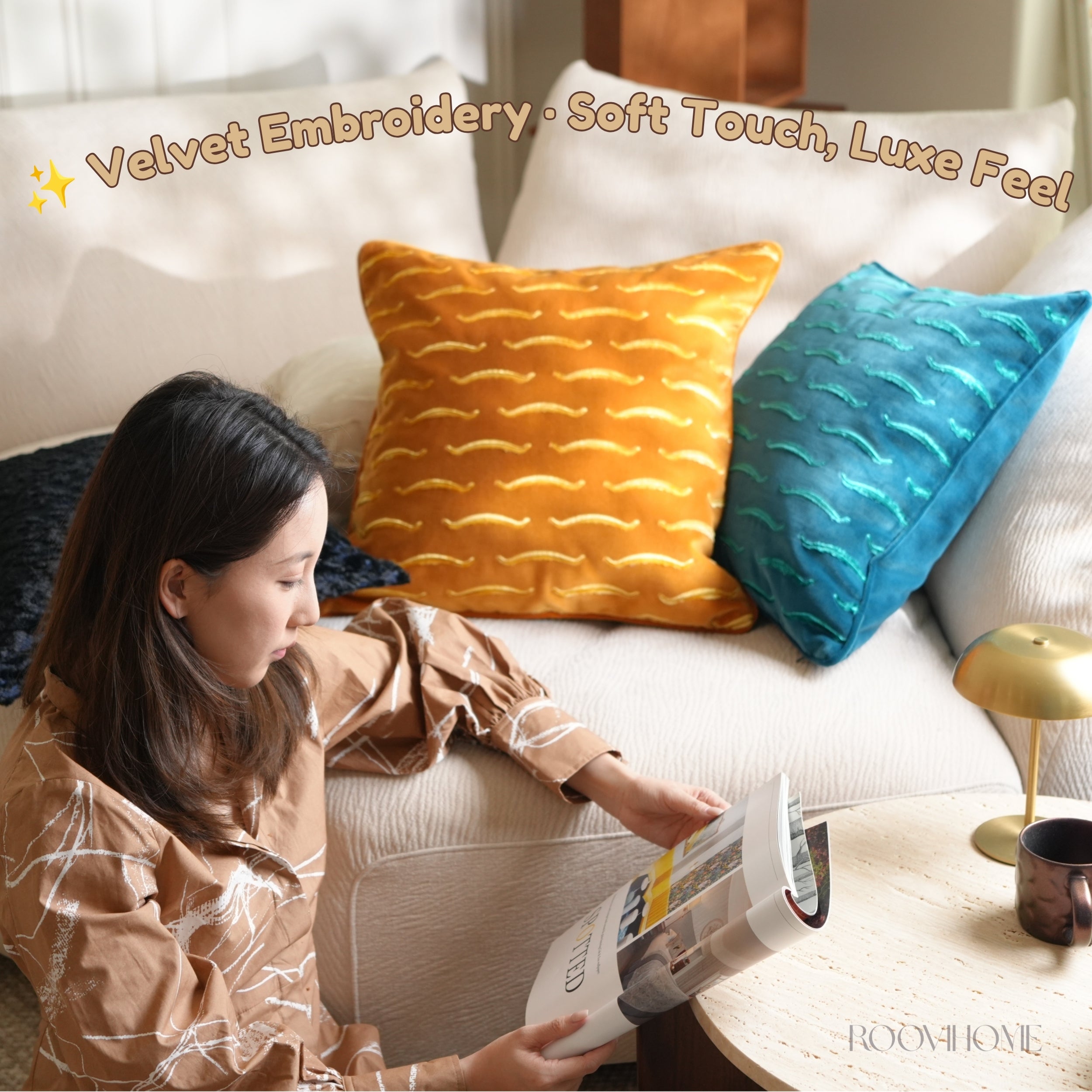 Luxe Flow Modern Curve Pattern Embroidery Velvet Cushions