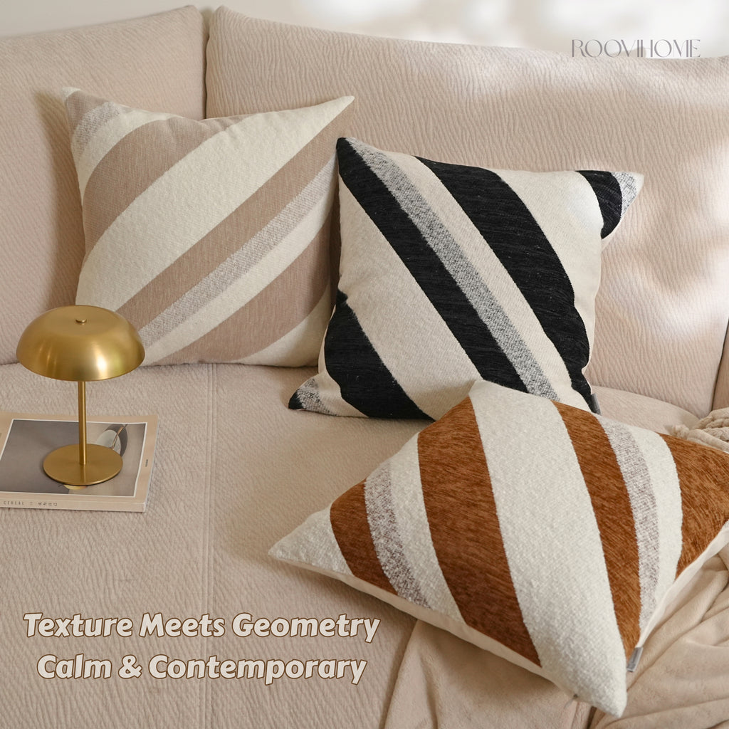 Textured Bouclé Chenille Cushion Cover / Throw Pillow, Modern Curved Stripe Minimalist Style, Soft Luxury Sofa Cushion for Living Room Home Décor, Ready to Ship | RooviHome Contour