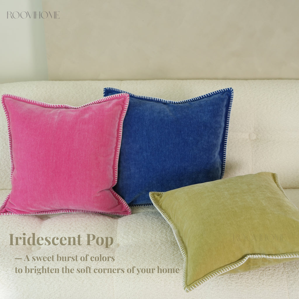Solid Pop Color Velvet Cushions with Piping & Blanket Stitch