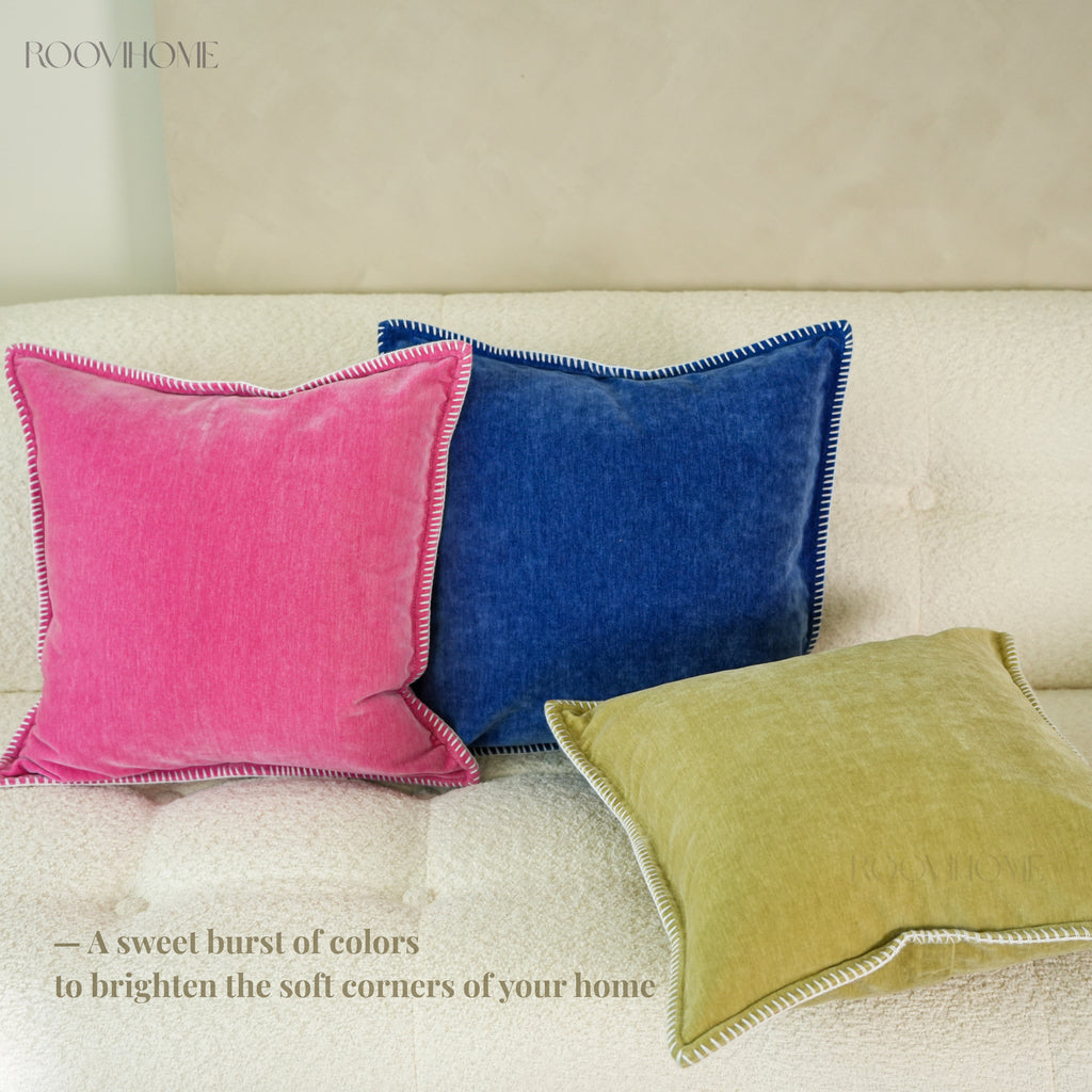 Solid Pop Color Velvet Cushions with Piping & Blanket Stitch