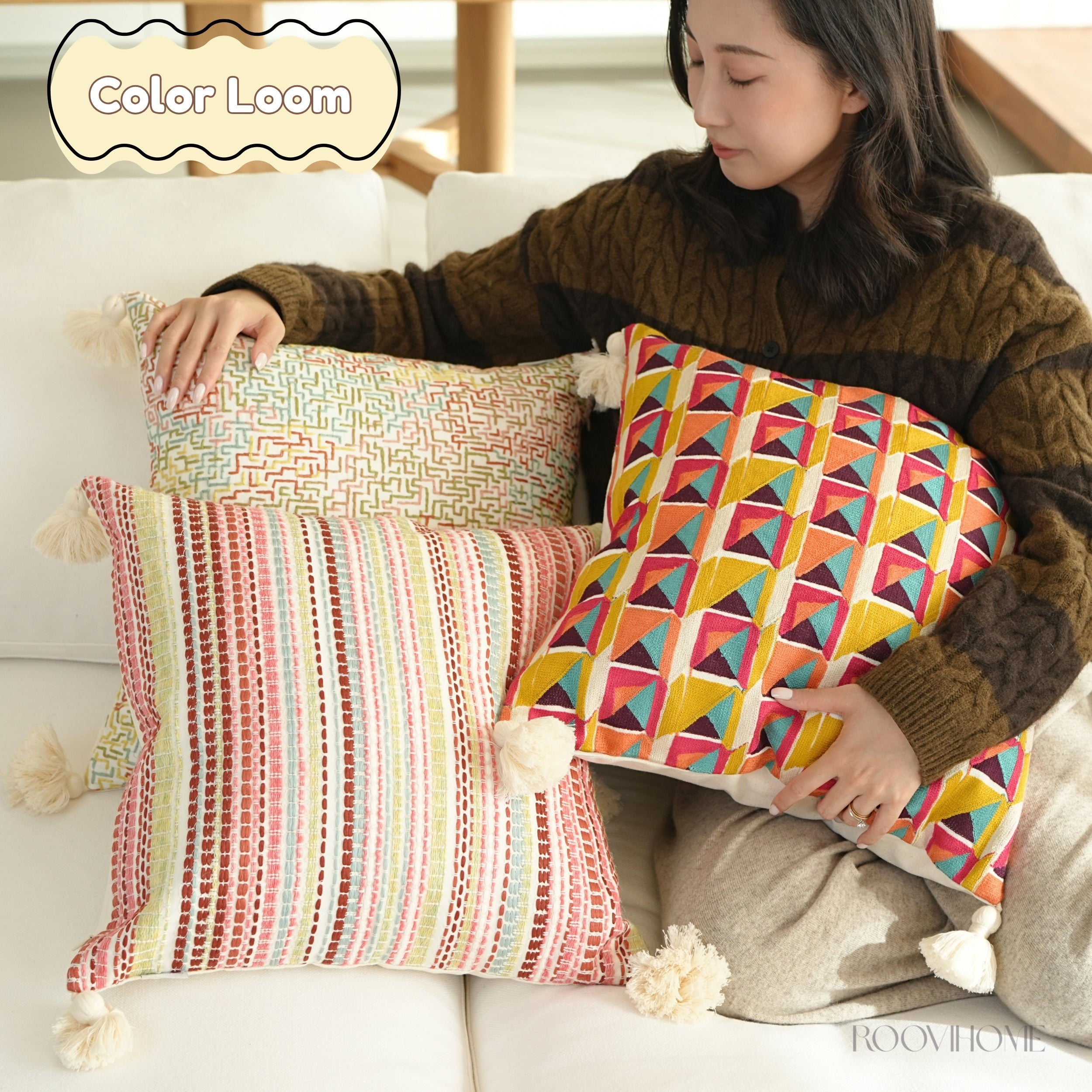 Boho Chic Embroidered Multicolor Geometric Cushions