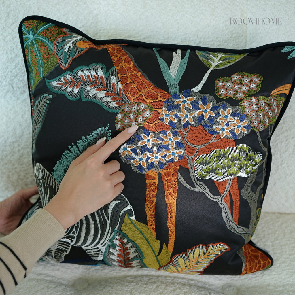 Jungle Wild Zebra & Giraffe Embroidery Cushions