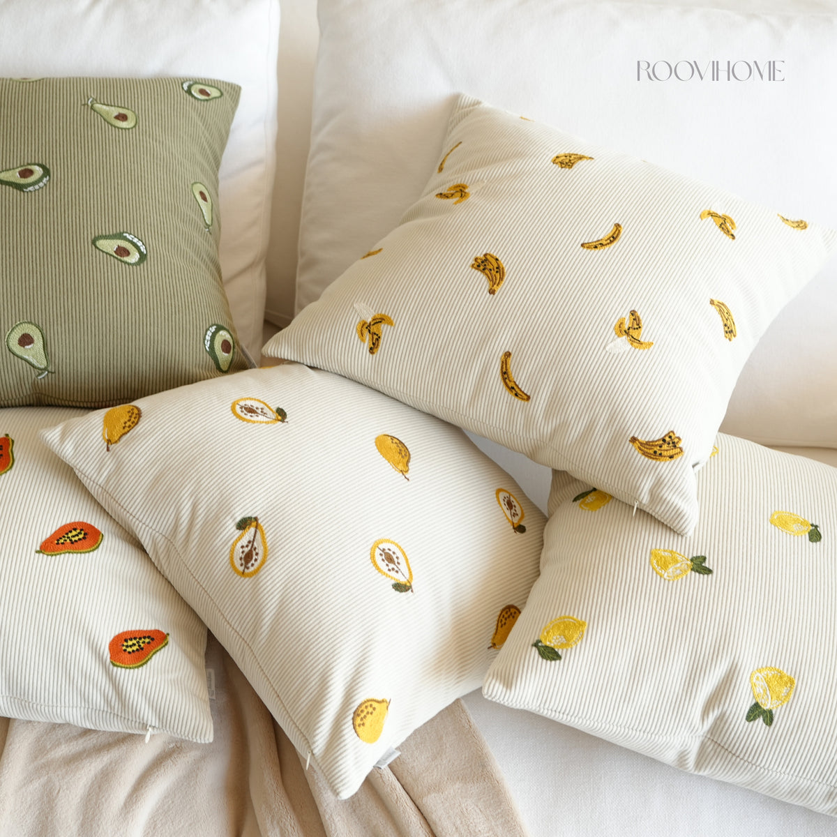 Embroidered Fruit Corduroy Cushion