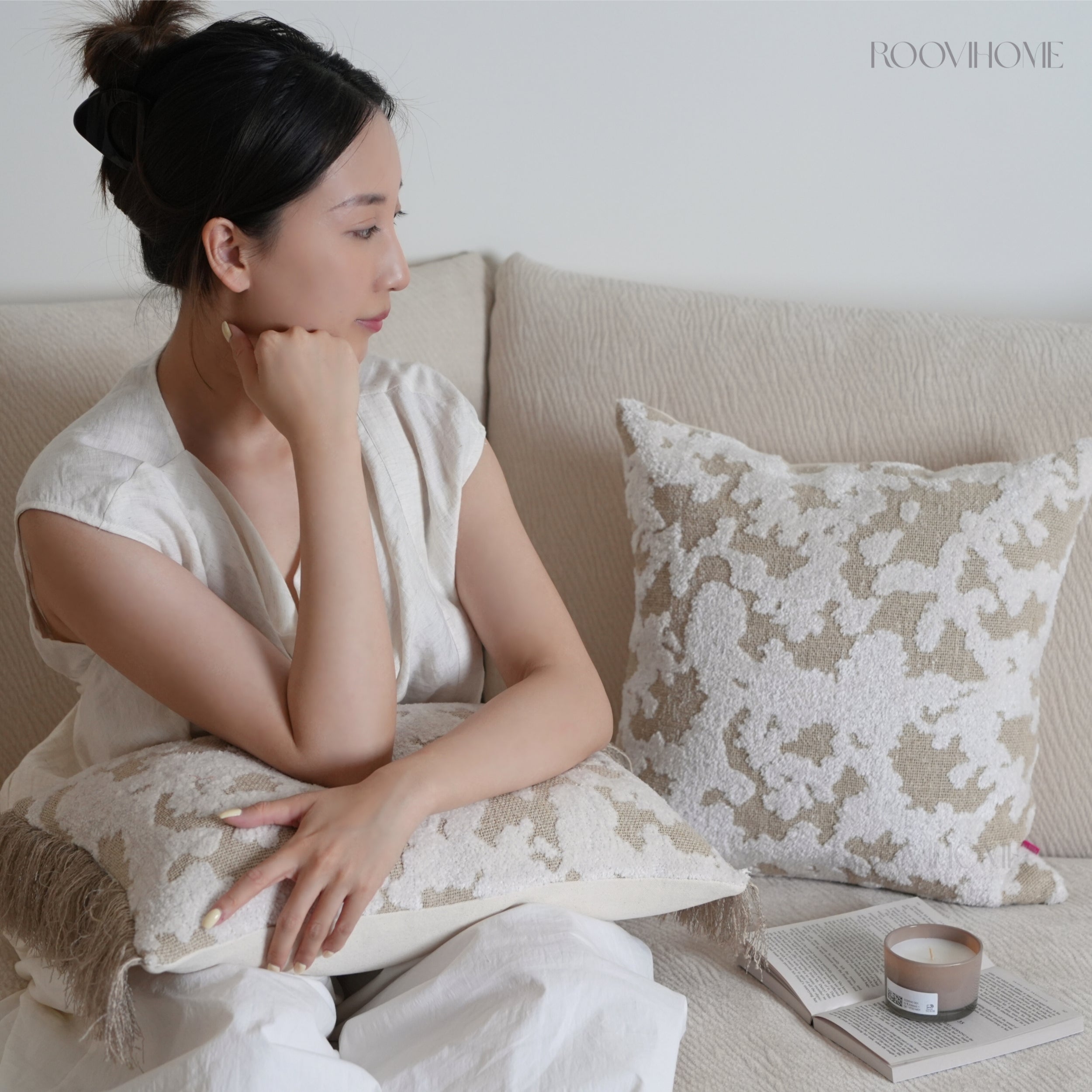 Wabi-Sabi & Japandi Style Throw Pillow / Lumbar Pillow / Cushion Cover, 3D Raised Jacquard Texture, Beige Cream Brown Tones, Rich Texture, Elegant Tassel Detail | RooviHome Wabi Weave Collection