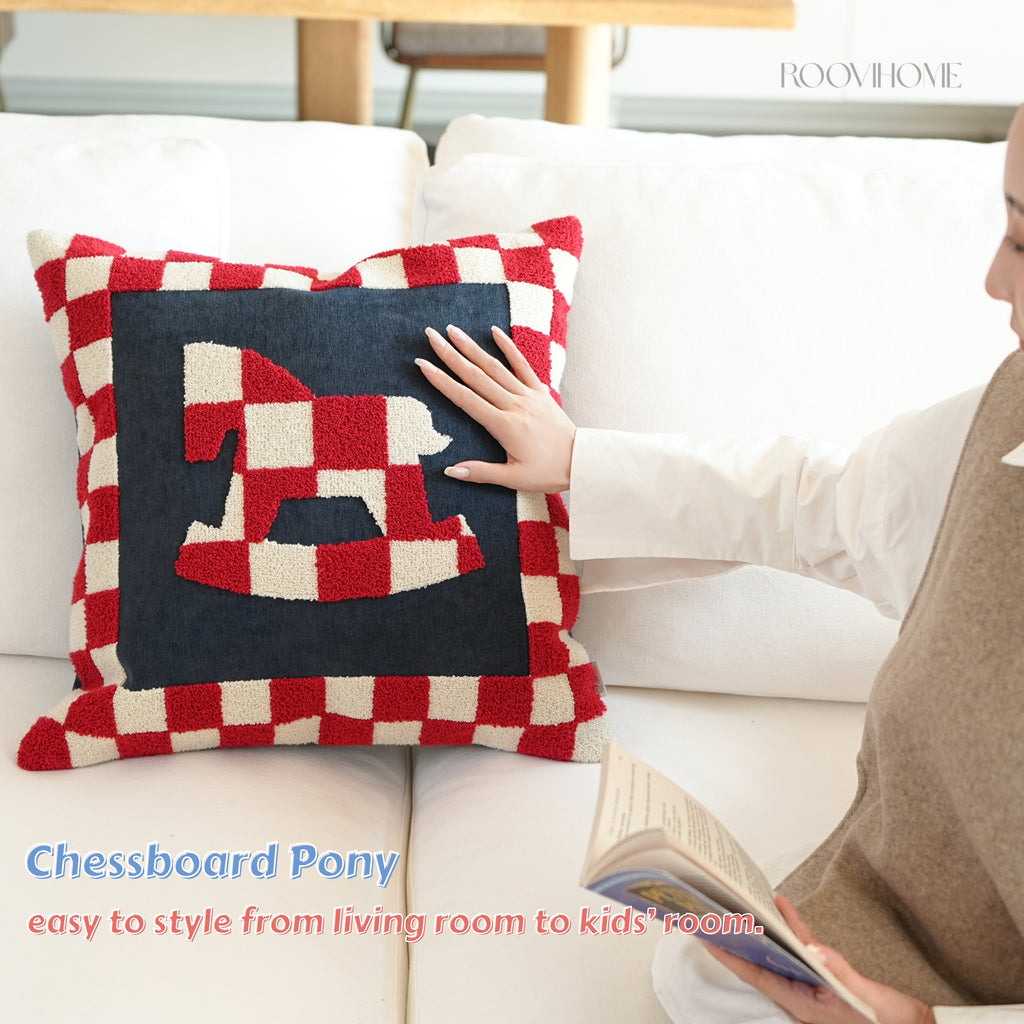 Embroidered Checkered Pony Throw Pillow / Cushion Cover • Modern Style • Decorative Cushion for Living Room • Home Decor | RooviHome Chessboard Pony Series