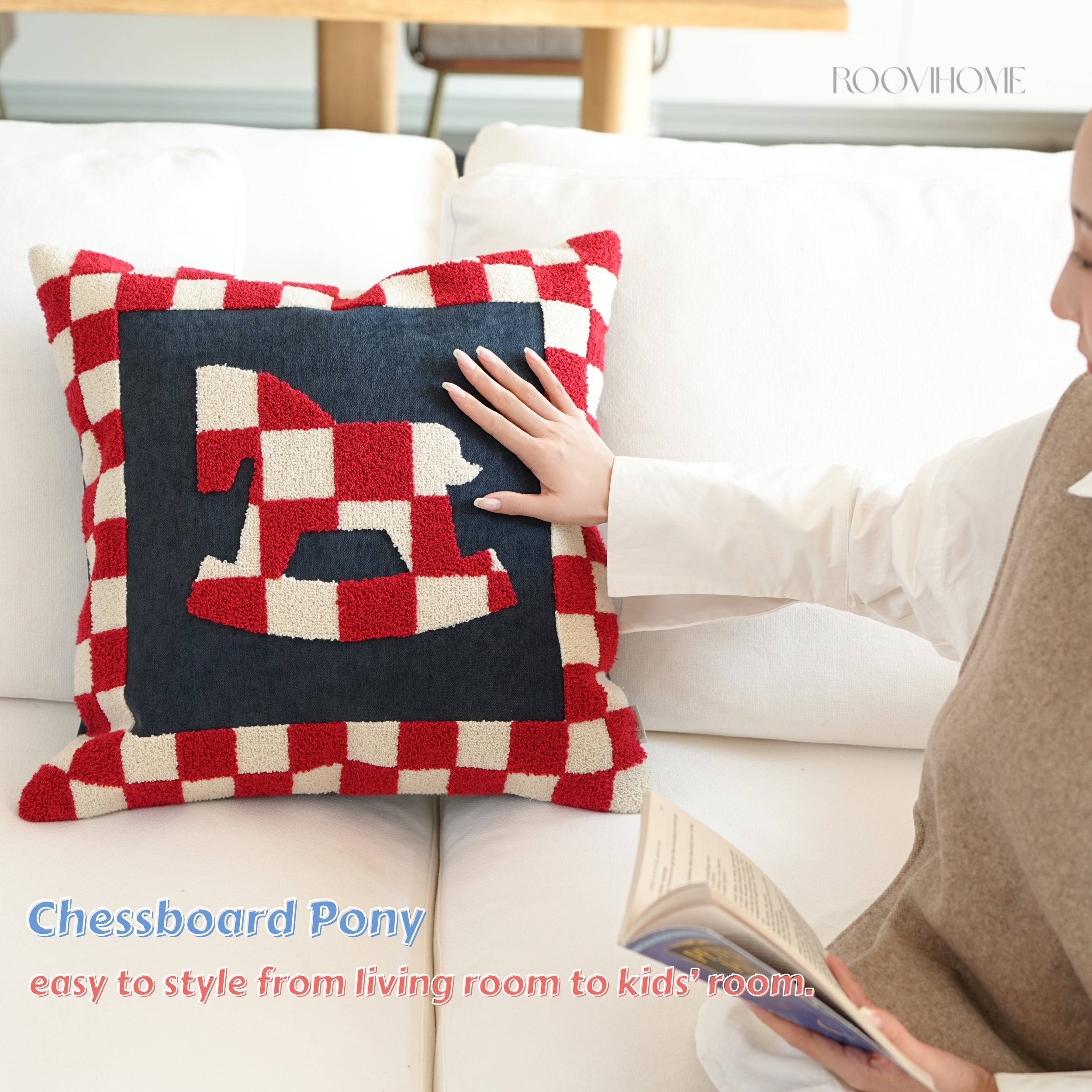 Embroidered Checkered Pony Throw Pillow / Cushion Cover • Modern Style • Decorative Cushion for Living Room • Home Decor | RooviHome Chessboard Pony Series