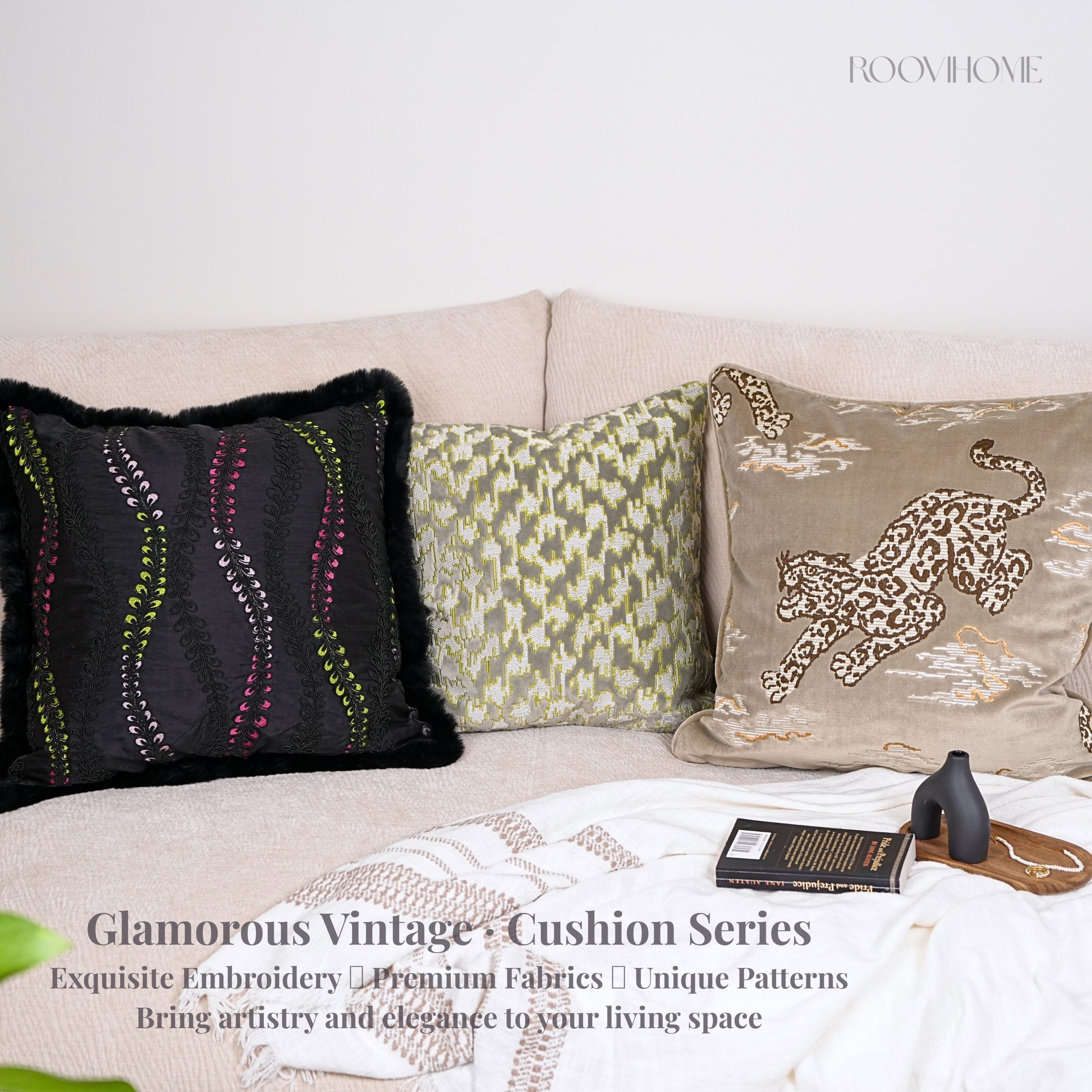 Premium Luxurious Embroidered Cushions Set • Retro Vintage Style • Tiger & Geometric Patterns • Earthy Tones • Home Decor | RooviHome Glamorous Vintage Series