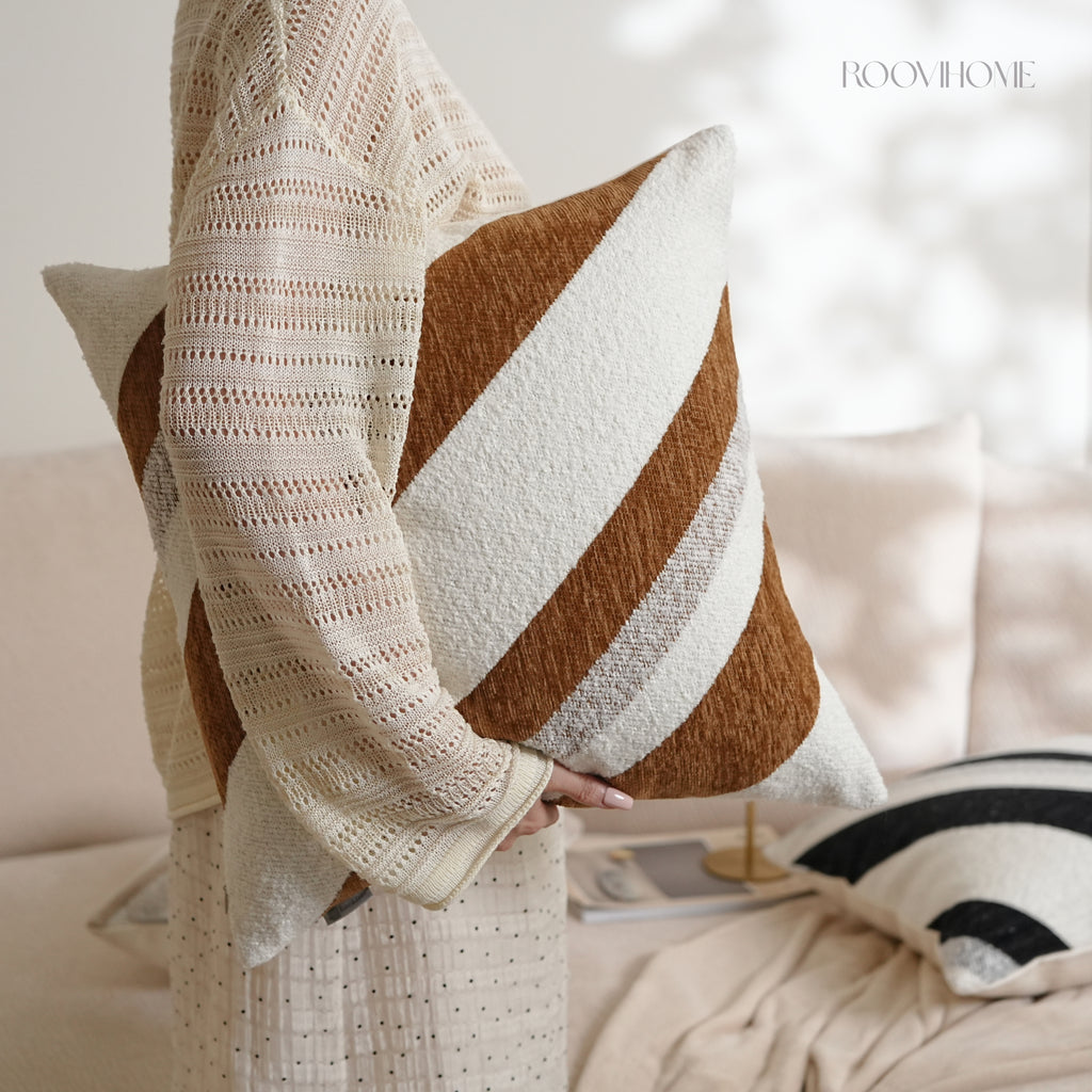 Textured Bouclé Chenille Cushion Cover / Throw Pillow, Modern Curved Stripe Minimalist Style, Soft Luxury Sofa Cushion for Living Room Home Décor, Ready to Ship | RooviHome Contour