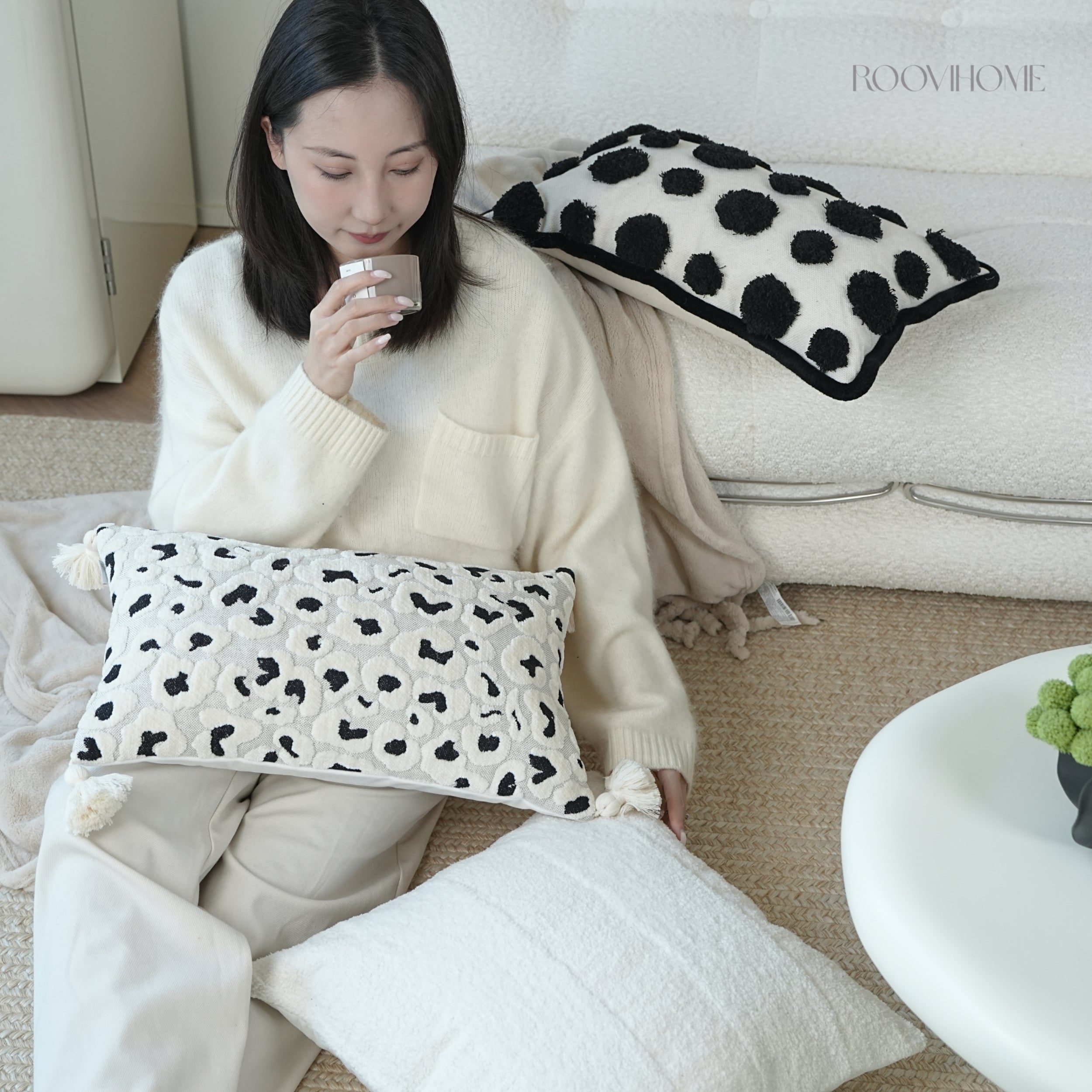 Textured Velvet Leopard Lumbar Cushion With Tassels