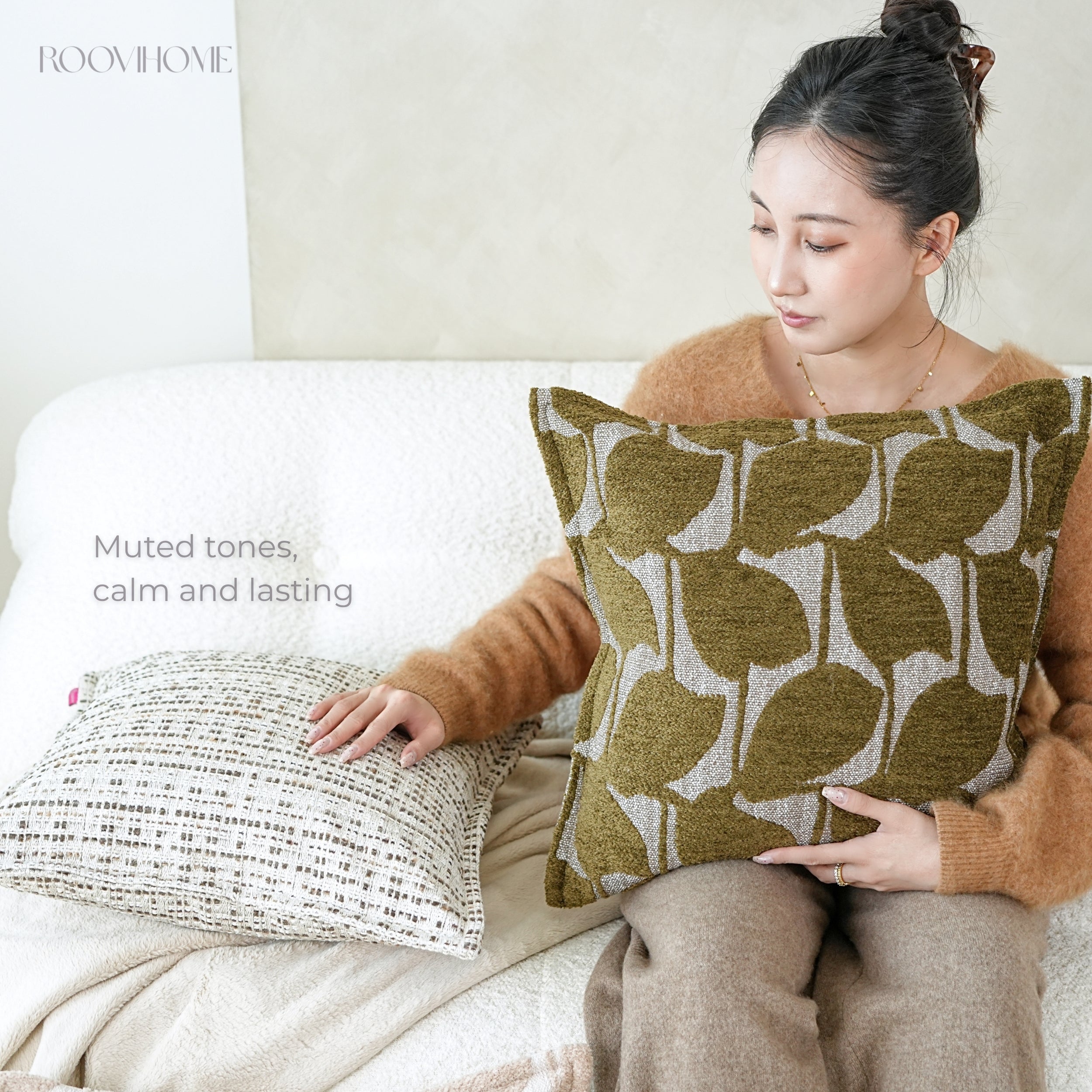 Soft Leaf Muted-Tone Jacquard Cushions