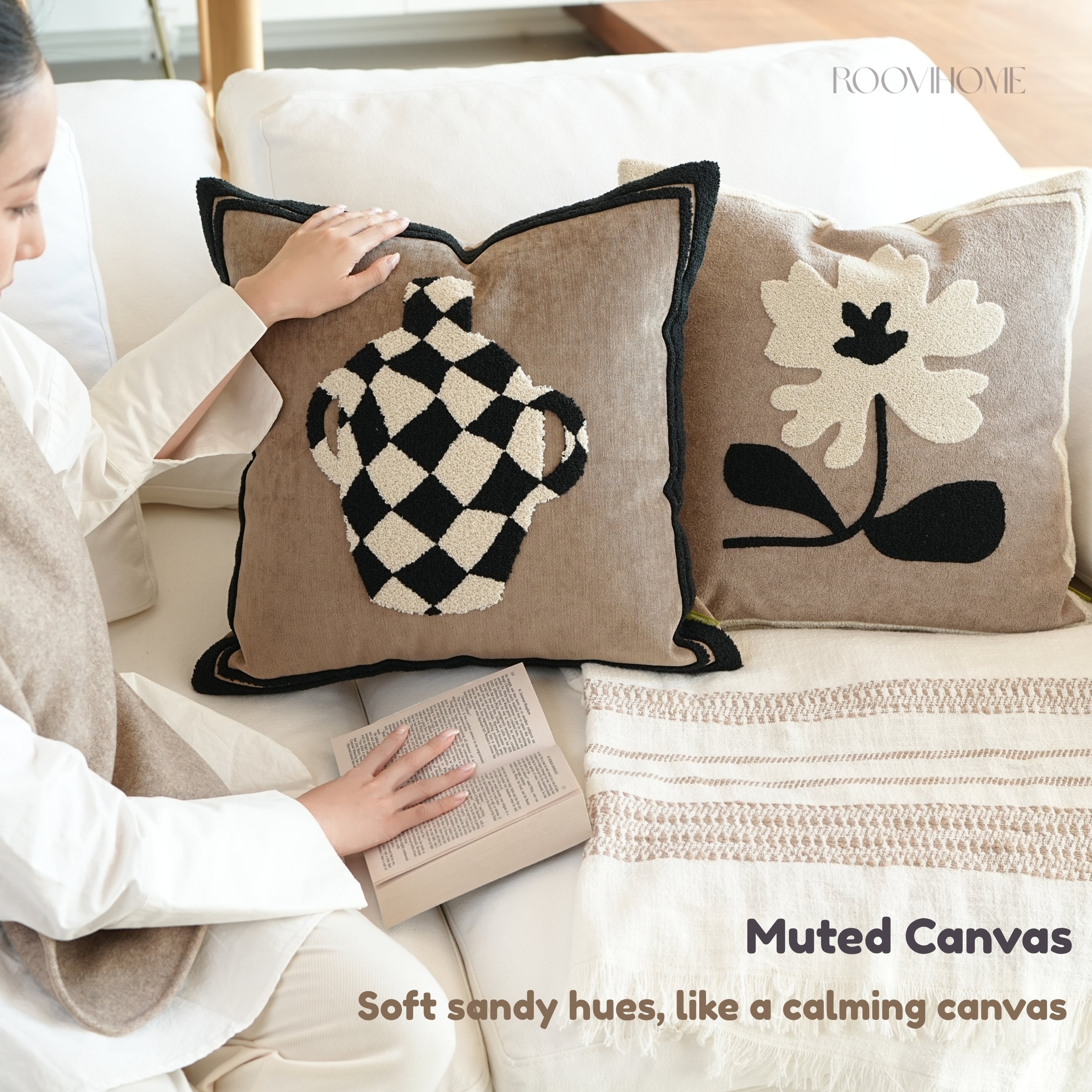 Muted Canvas Retro Floral & Vase Embroidery Cushions 50x50cm