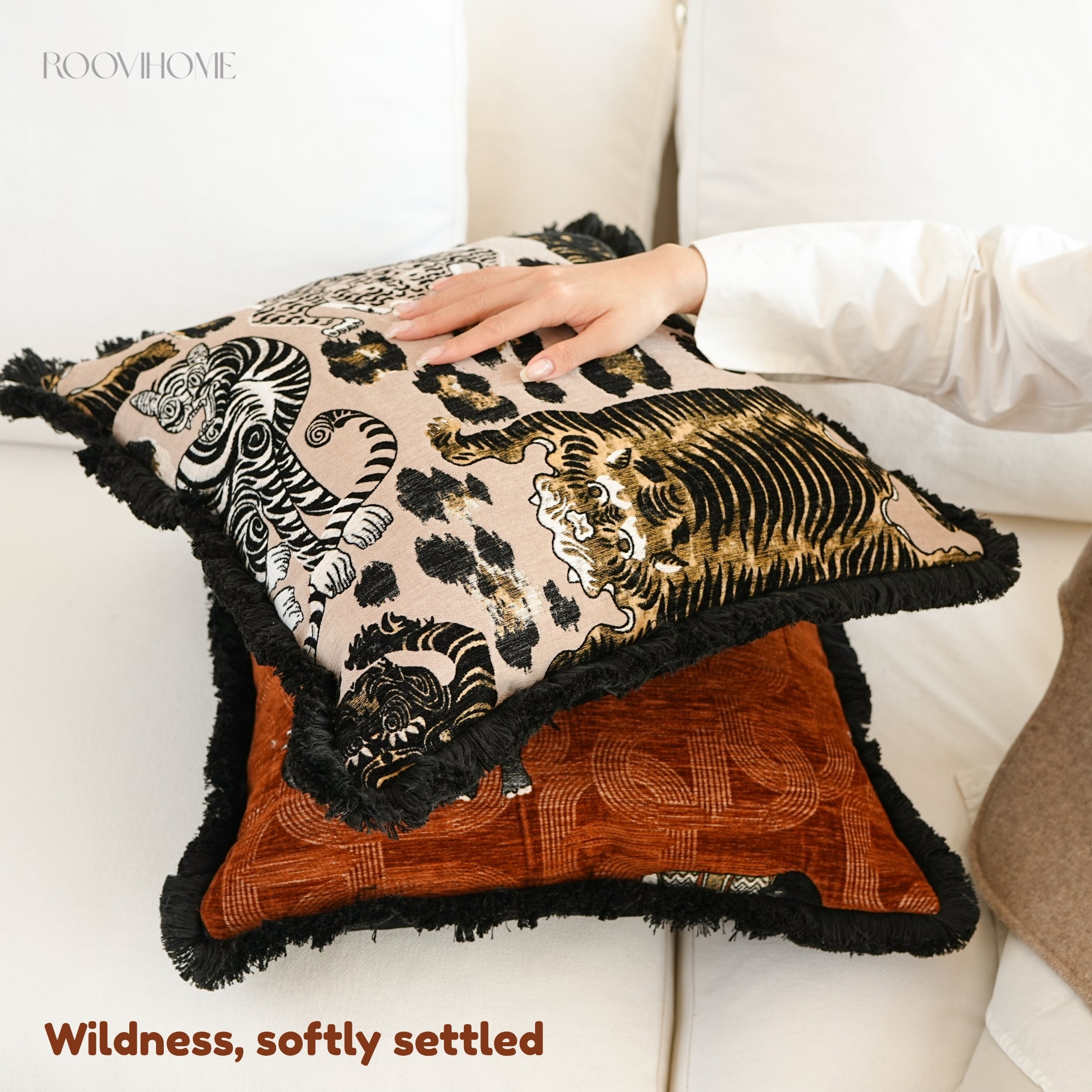 Soft Wildness Tiger & Elephant Cushions with Fringes