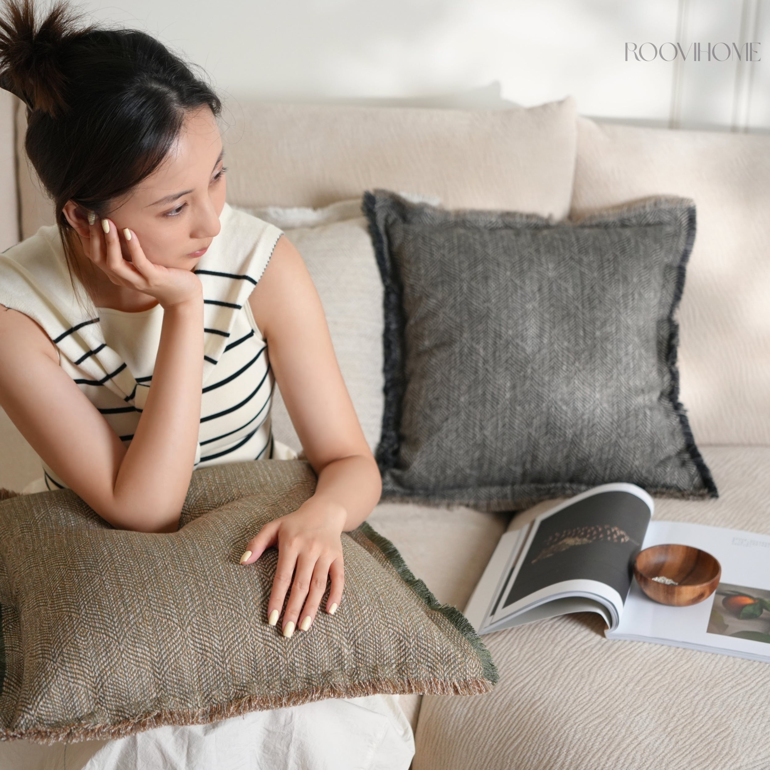 Hand-Fringed Herringbone Woven Decorative Cushions