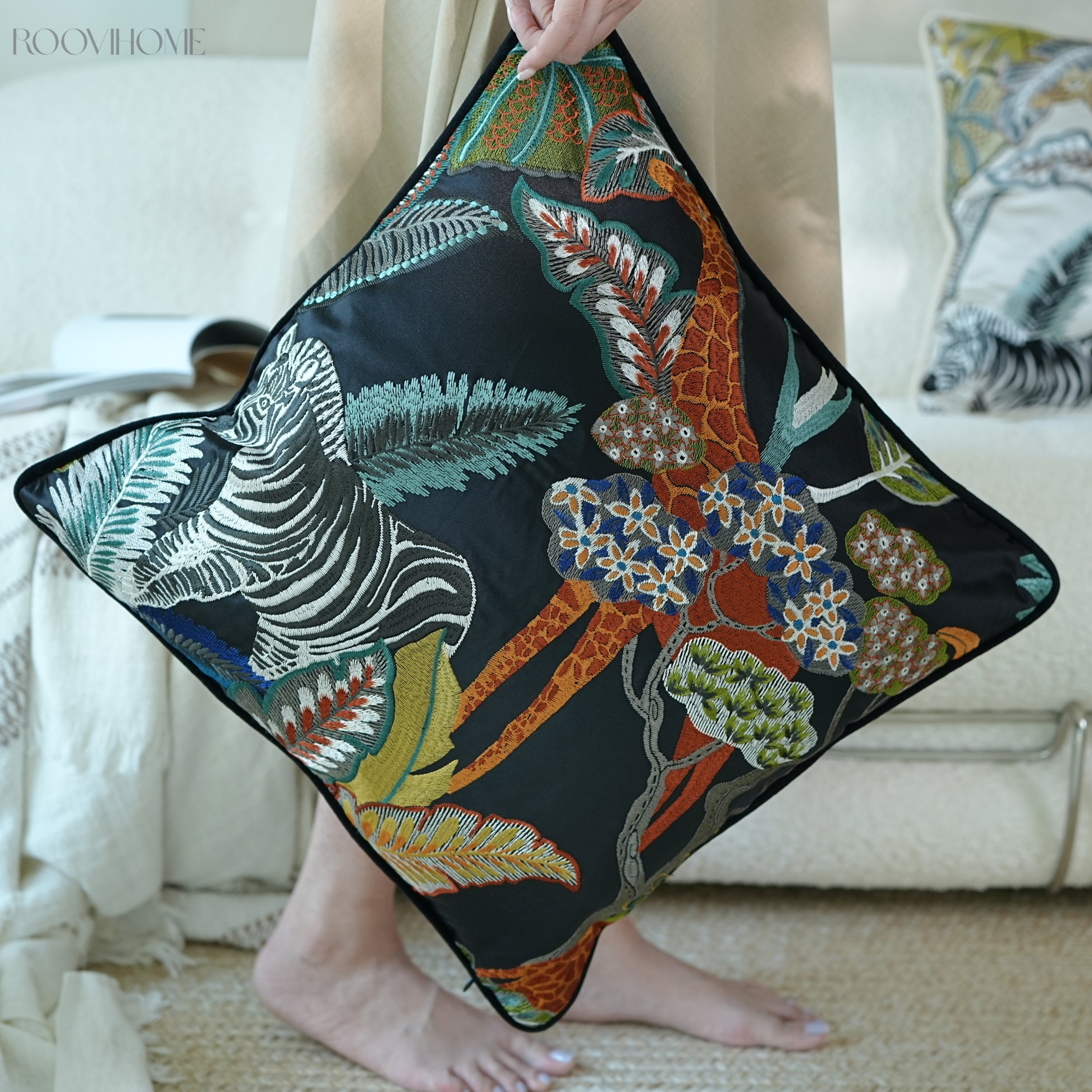 Jungle Wild Zebra & Giraffe Embroidery Cushions