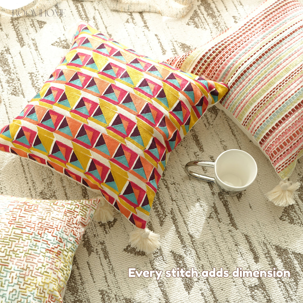 Boho Chic Embroidered Multicolor Geometric Cushions