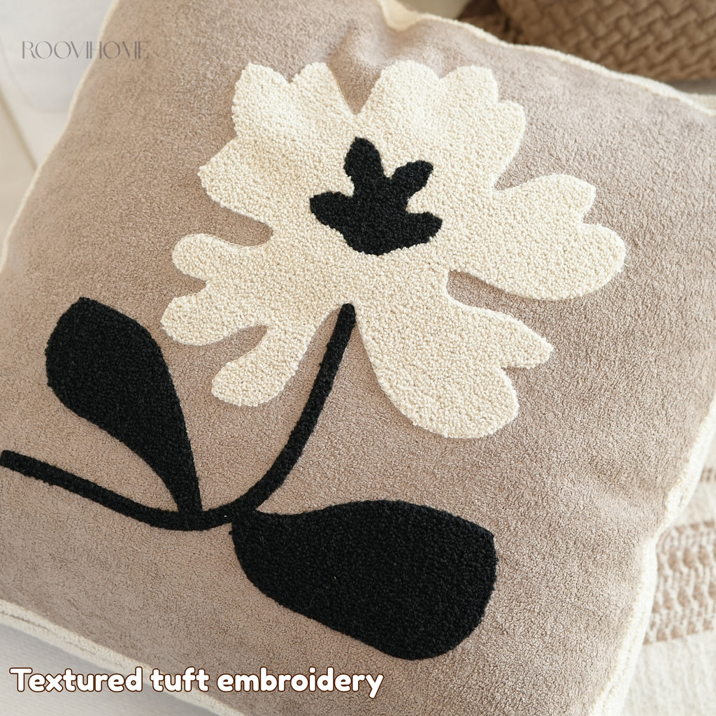 Muted Canvas Retro Floral & Vase Embroidery Cushions 50x50cm
