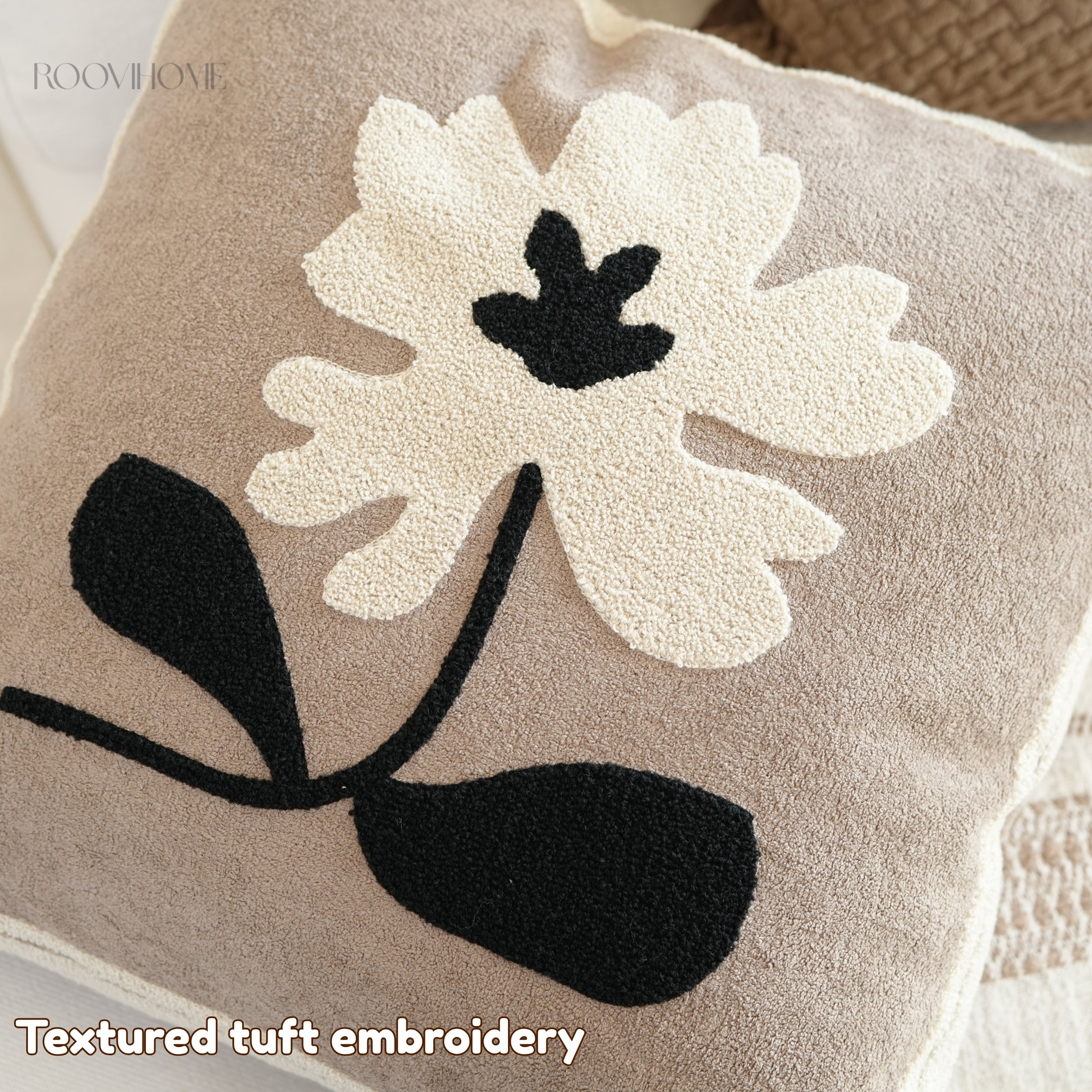 Muted Canvas Retro Floral & Vase Embroidery Cushions 50x50cm