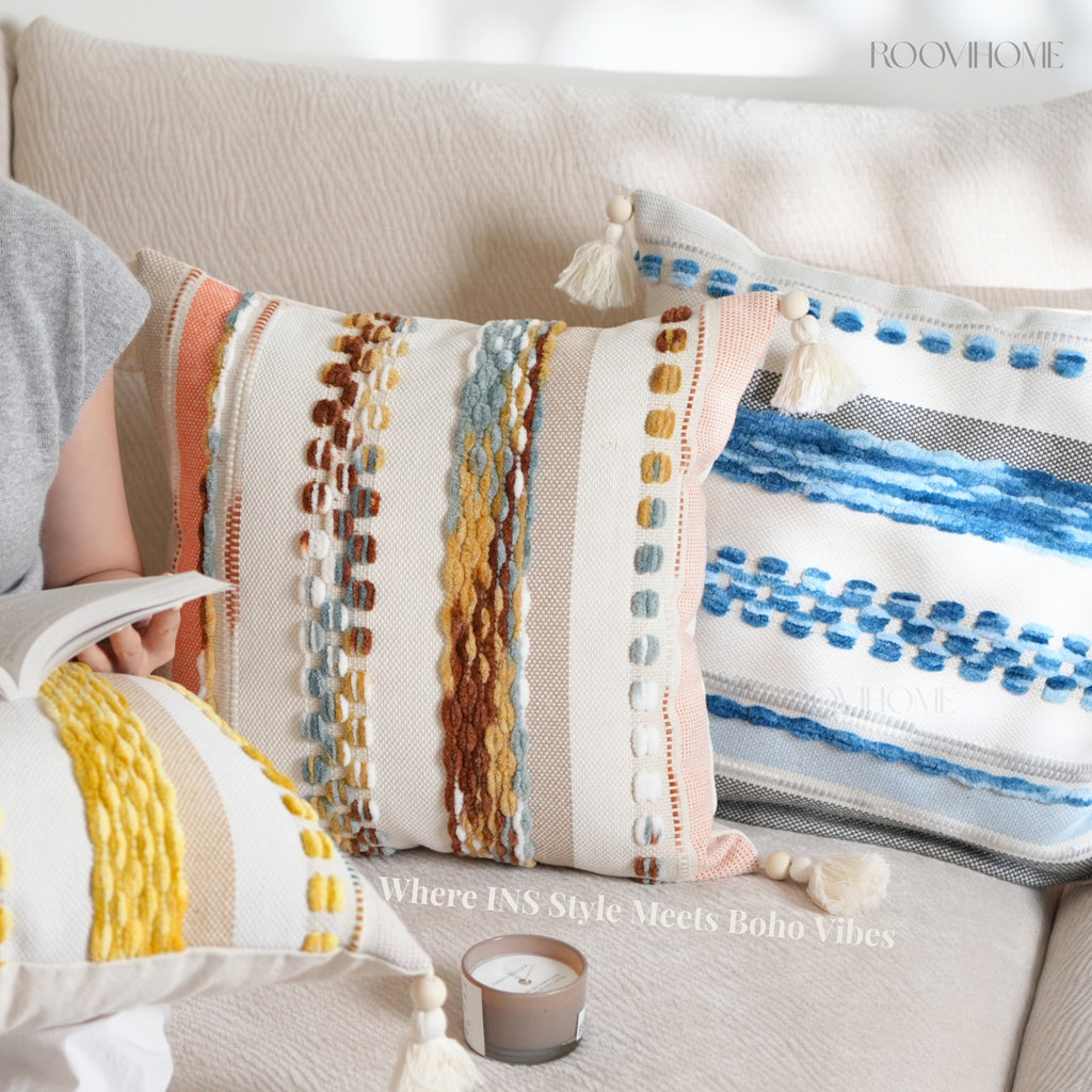 Moroccan Style Textured Cotton-Linen Blend Throw Pillow / Cushion Cover • Embroidery + Fringe • Retro Style • Sofa Cushion for Living Room • Soft & Comfortable Home Decor | RooviHome FlowLight Collection
