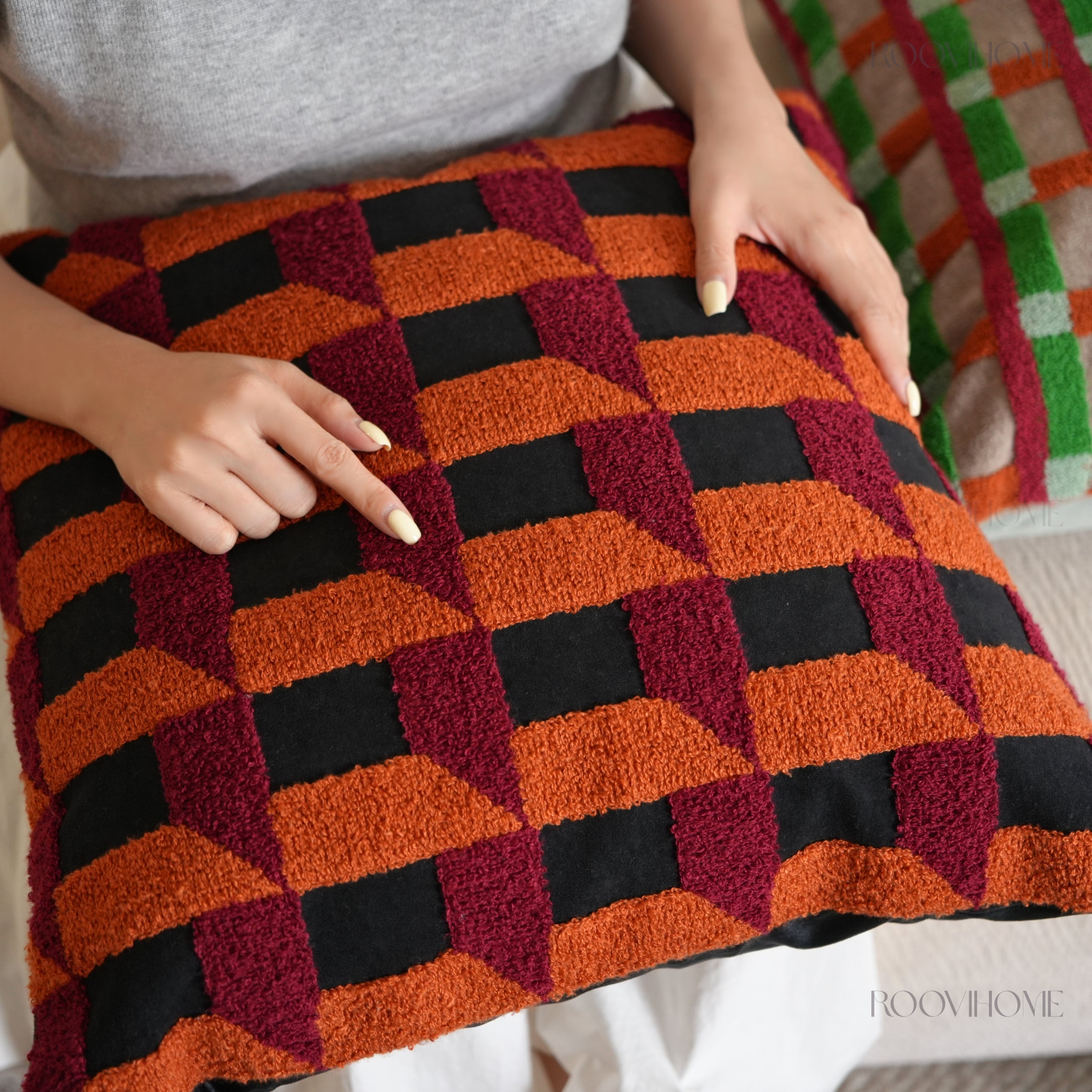Plaid Moments 70s Modern Retro Checkered Towel Embroidered Cushions