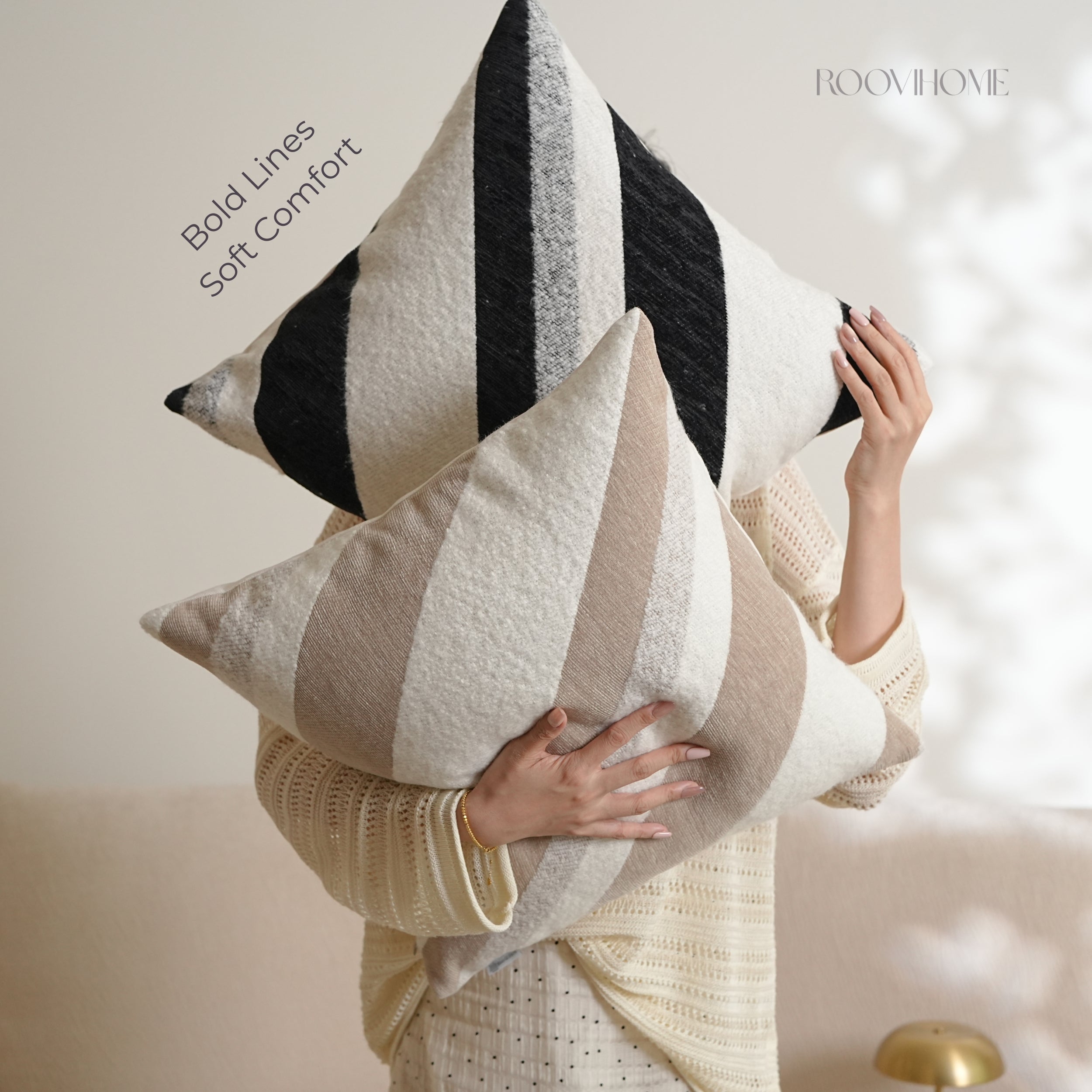 Textured Bouclé Chenille Cushion Cover / Throw Pillow, Modern Curved Stripe Minimalist Style, Soft Luxury Sofa Cushion for Living Room Home Décor, Ready to Ship | RooviHome Contour