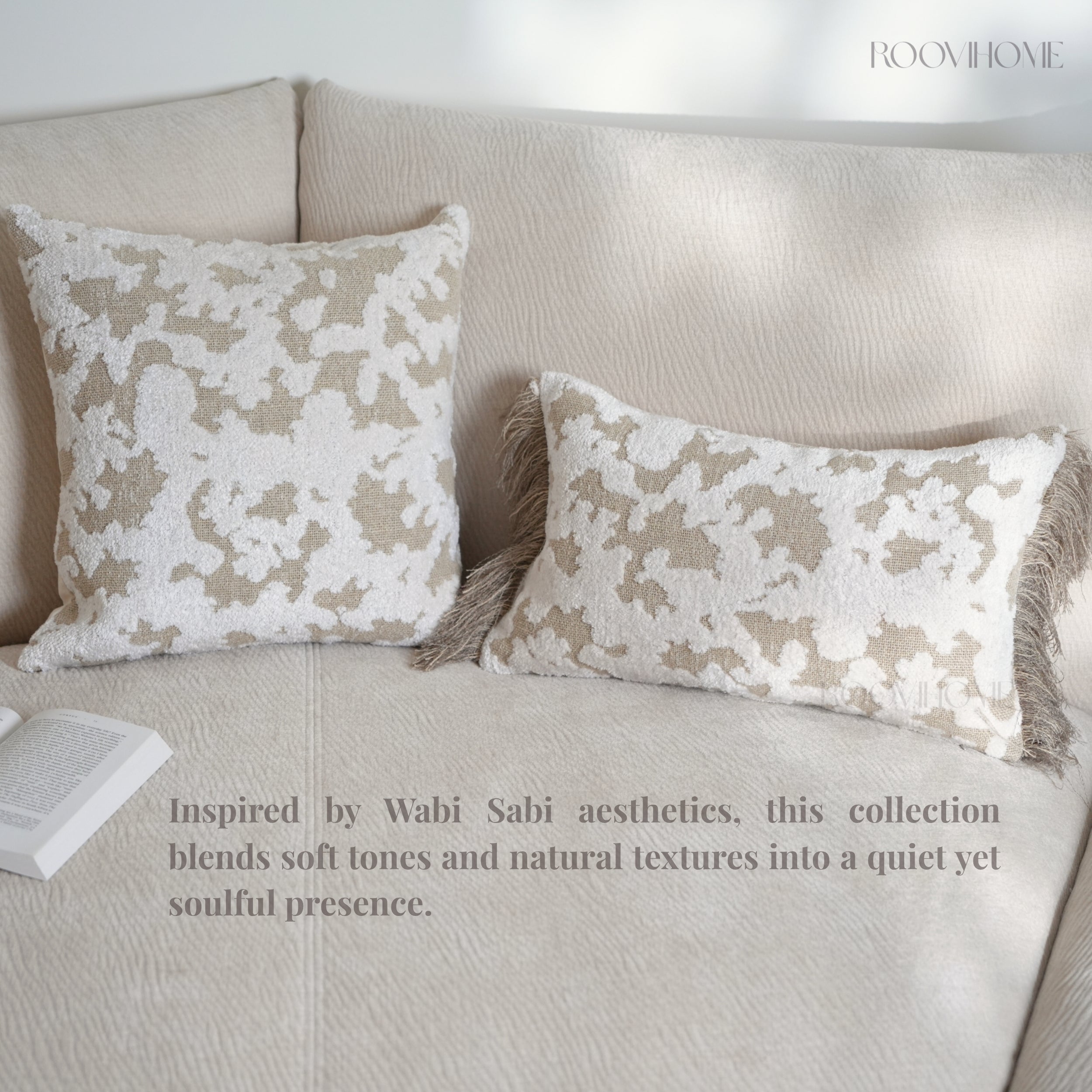 Wabi-Sabi & Japandi Style Throw Pillow / Lumbar Pillow / Cushion Cover, 3D Raised Jacquard Texture, Beige Cream Brown Tones, Rich Texture, Elegant Tassel Detail | RooviHome Wabi Weave Collection